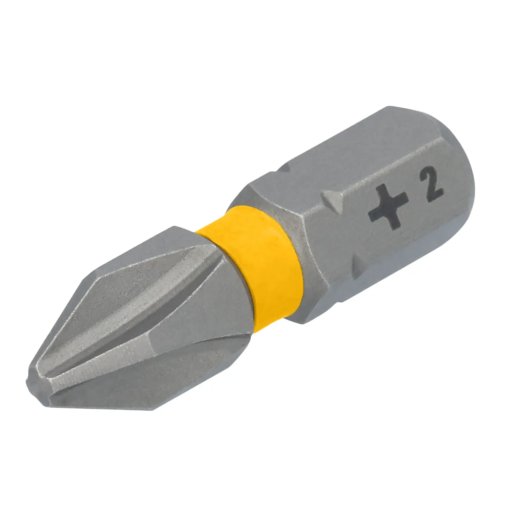 Imagem em close de uma ponta de parafusadeira Phillips nº 2 DEWALT com um anel amarelo na base, usada para ferramentas elétricas.