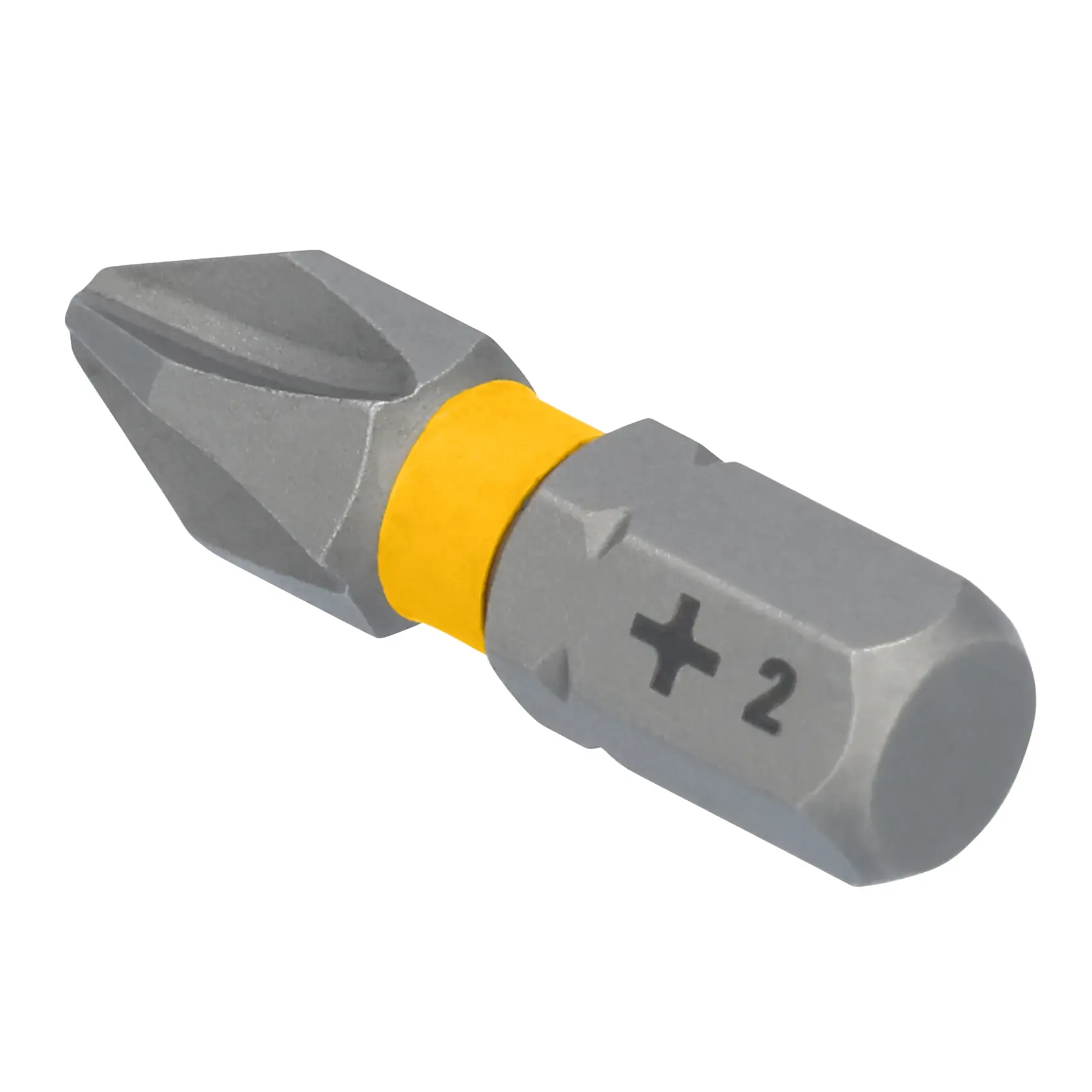 Imagem em close de uma ponta de parafusadeira DEWALT Phillips nº2 com colar amarelo, projetada para ferramentas elétricas.
