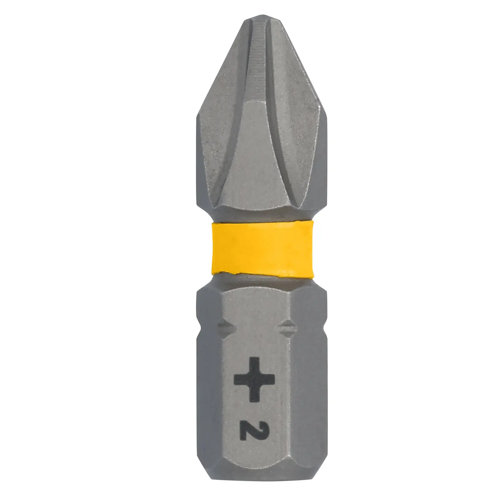 Imagem em close de uma ponta de chave Phillips DEWALT com uma marcação amarela e o símbolo número 2.