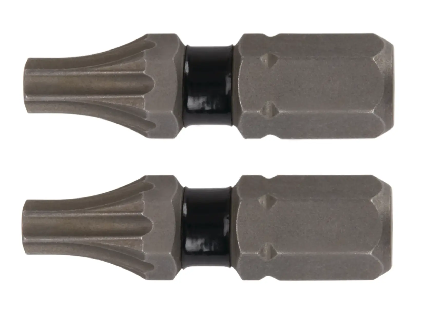 Dois bits de chave de fenda metálicos com design estriado e colar preto, apresentados lado a lado em fundo branco.