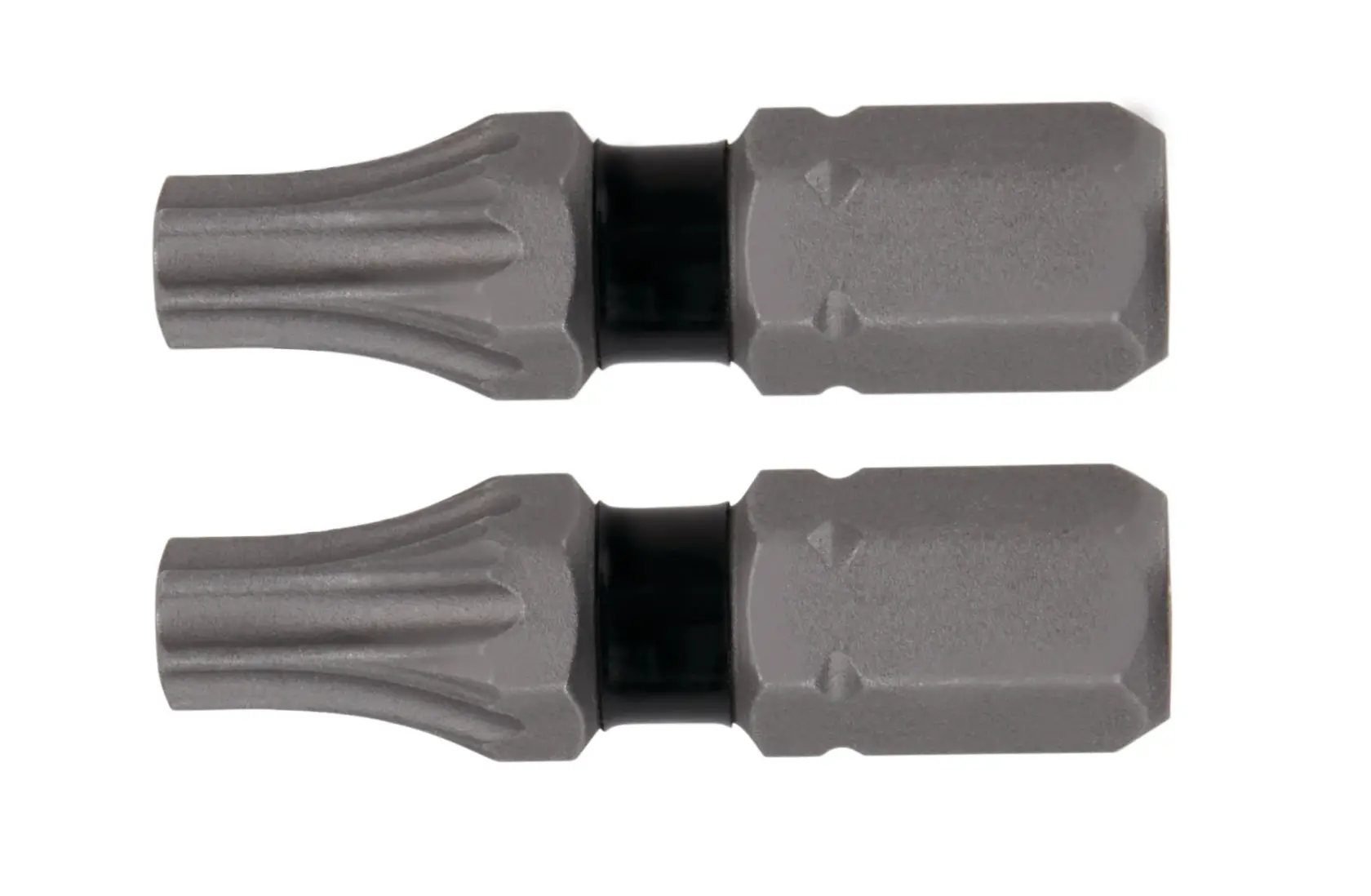 Dois bits de chave de fenda DEWALT cinzas com uma seção preta no meio, colocados lado a lado em um fundo branco.