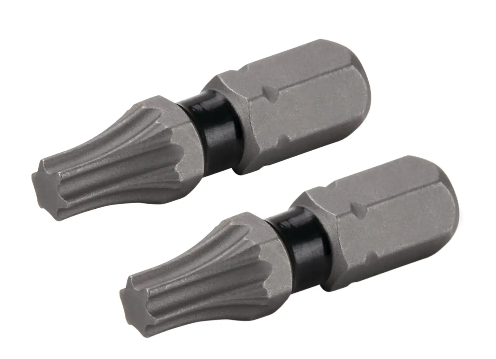 Dois bits de chave de fenda DEWALT prateados em formato de estrela, projetados para uso com ferramentas elétricas, exibidos lado a lado sobre um fundo branco.