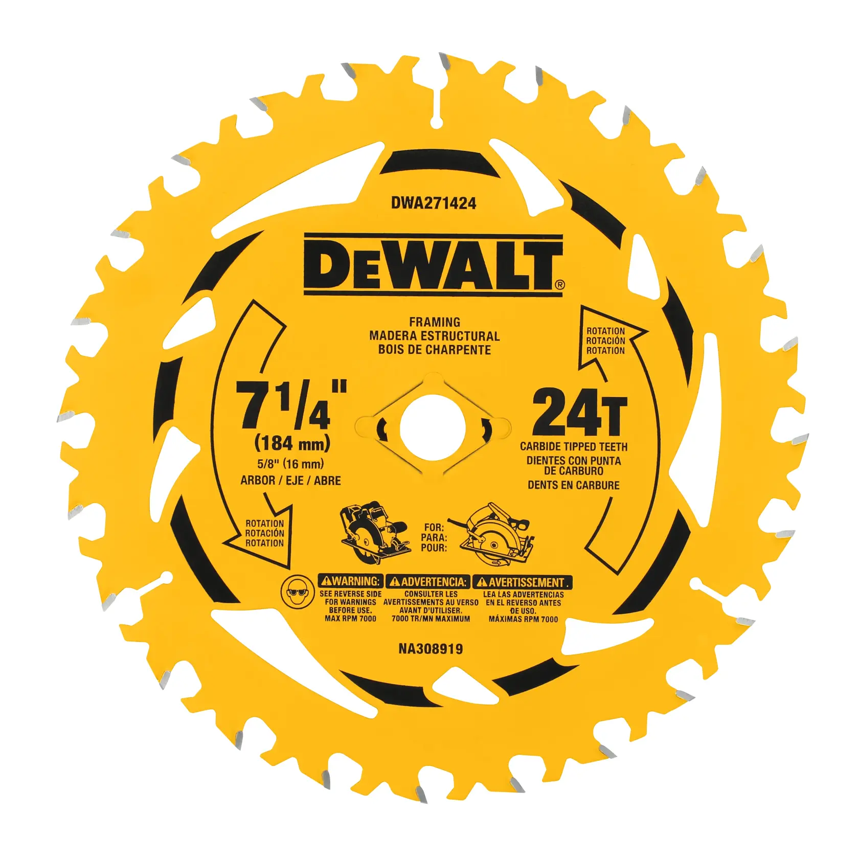 Uma lâmina de serra circular DEWALT de 7 1/4 polegadas (184 mm) com 24 dentes com ponta de carbeto para estrutura. A lâmina é amarela com texto preto destacado mostrando especificações, incluindo tamanho do eixo de 5/8 polegada (16 mm) e informações em inglês, espanhol e francês.