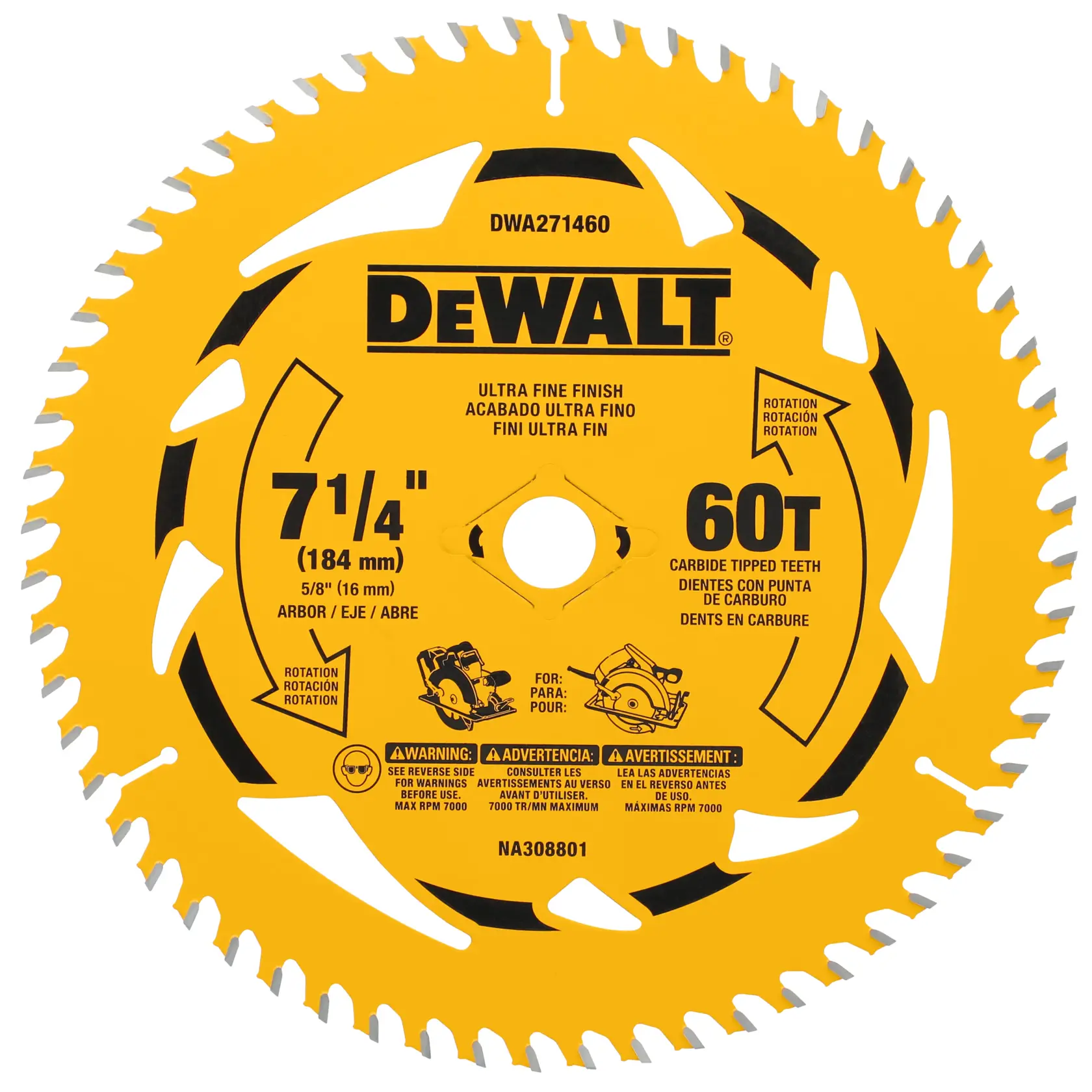 Uma lâmina de serra circular DEWALT de 7-1/4 polegadas (184 mm) com 60 dentes com ponta de carbeto, projetada para cortes de acabamento ultrafino. A lâmina é amarela com texto preto e contém detalhes do produto, incluindo furo de 5/8 polegada (16 mm) e número do modelo DWA271460. A lâmina possui indicação de direção de rotação e avisos de segurança.