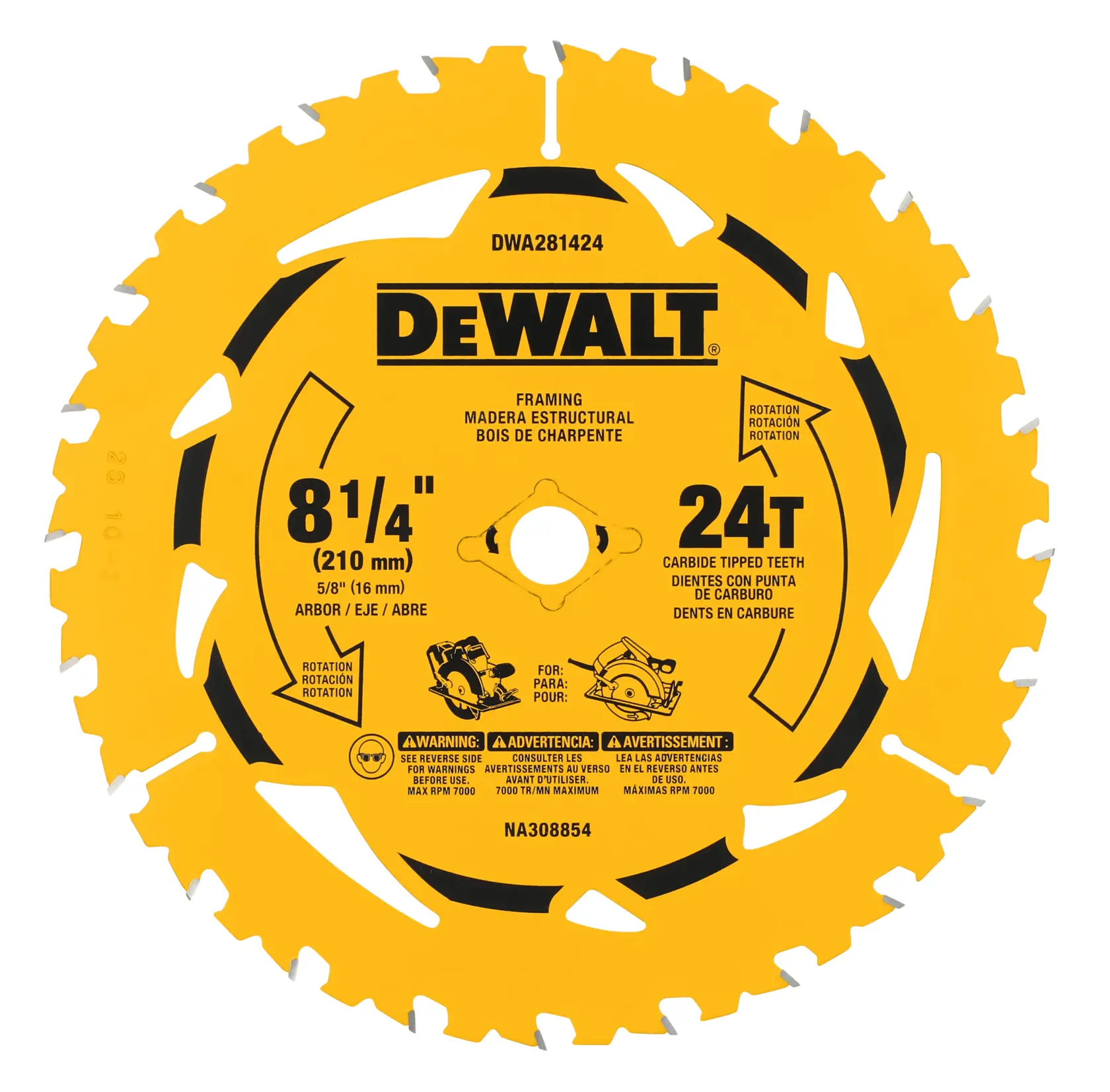 Uma lâmina de serra para estrutura DEWALT de 8-1/4 polegadas (210 mm) com 24 dentes com ponta de carbeto, projetada para cortar madeira. A lâmina é amarela com texto preto, inclui avisos e especificações, e é adequada para serras circulares.