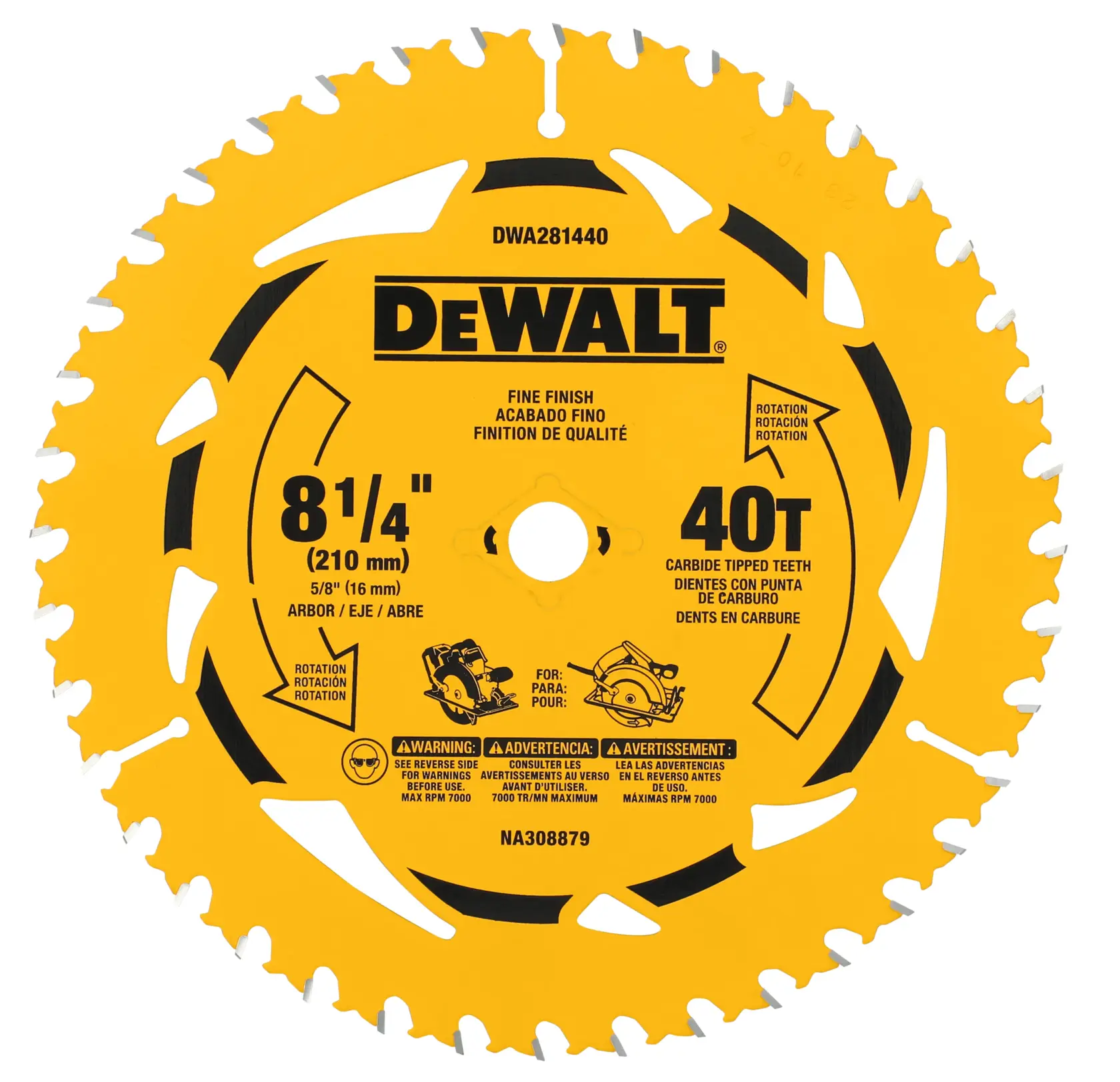 Uma lâmina de serra circular amarela DEWALT com 40 dentes com ponta de carbeto, indicada para acabamento fino. O diâmetro da lâmina é de 8 1/4 polegadas (210 mm) com um eixo de 5/8 polegadas (16 mm). O código do produto DWA281440 está visível na lâmina.
