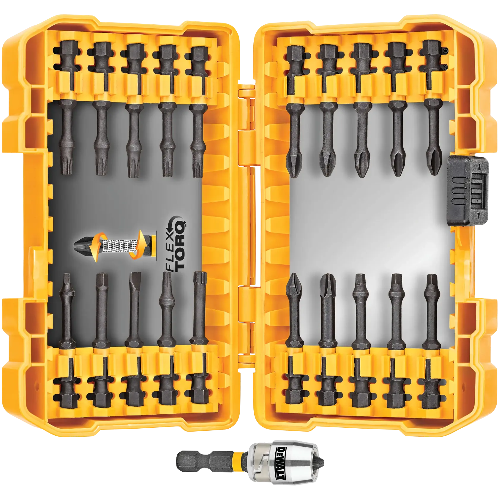 Um conjunto de bits FlexTorq amarelo da DEWALT com estojo aberto exibindo várias pontas de parafusadeira e um suporte de bit adicional colocado abaixo do estojo.