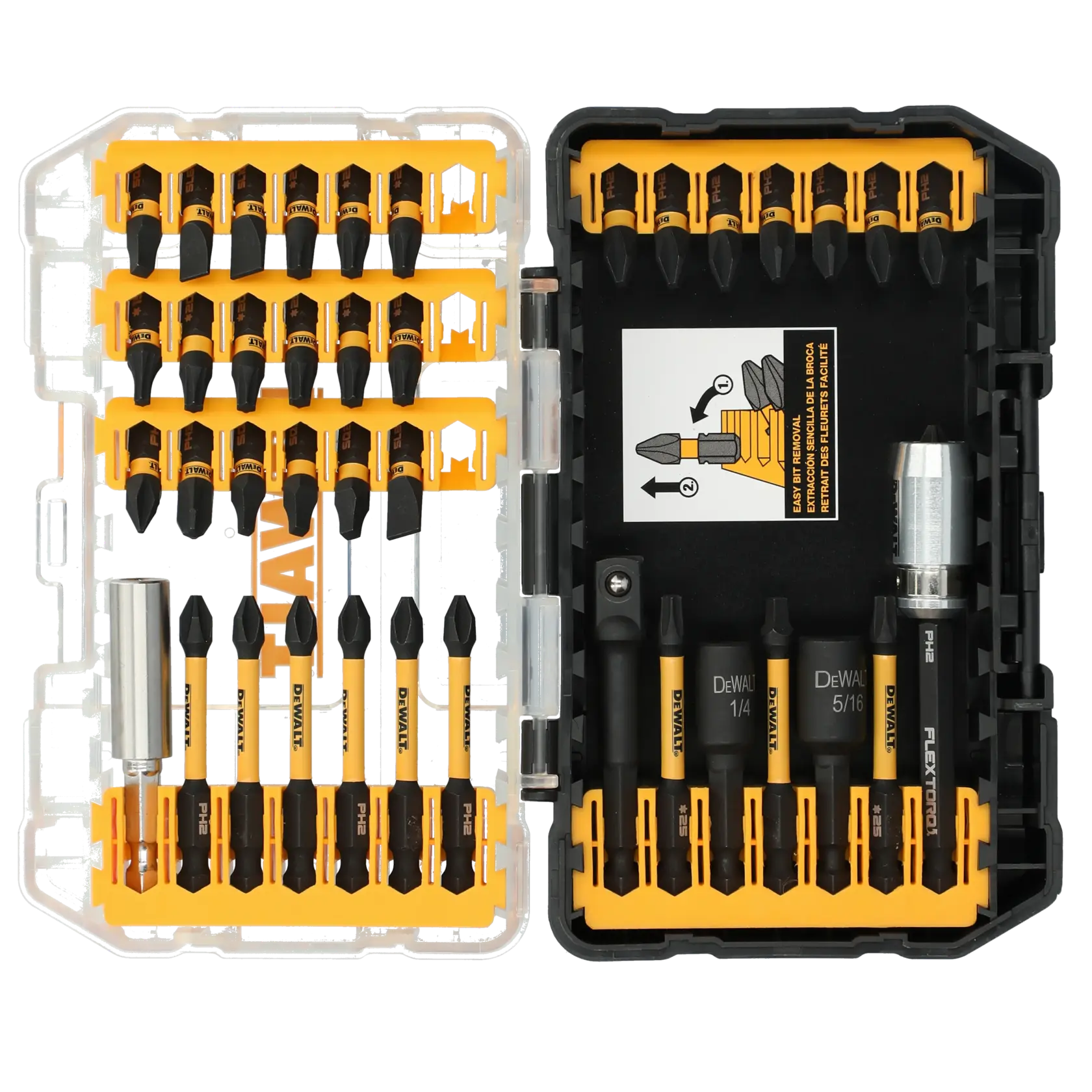 Conjunto de bits de parafusadeira DEWALT em estojo rígido de plástico, com variedade de bits pretos e amarelos, algumas soquetes e organizador modular. O estojo está aberto mostrando o conteúdo organizado.