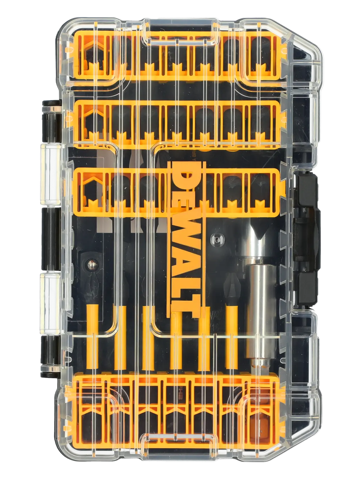 Uma caixa de plástico transparente da marca DEWALT contendo um conjunto de várias pontas de parafusadeira e acessórios, organizados em suportes amarelos.