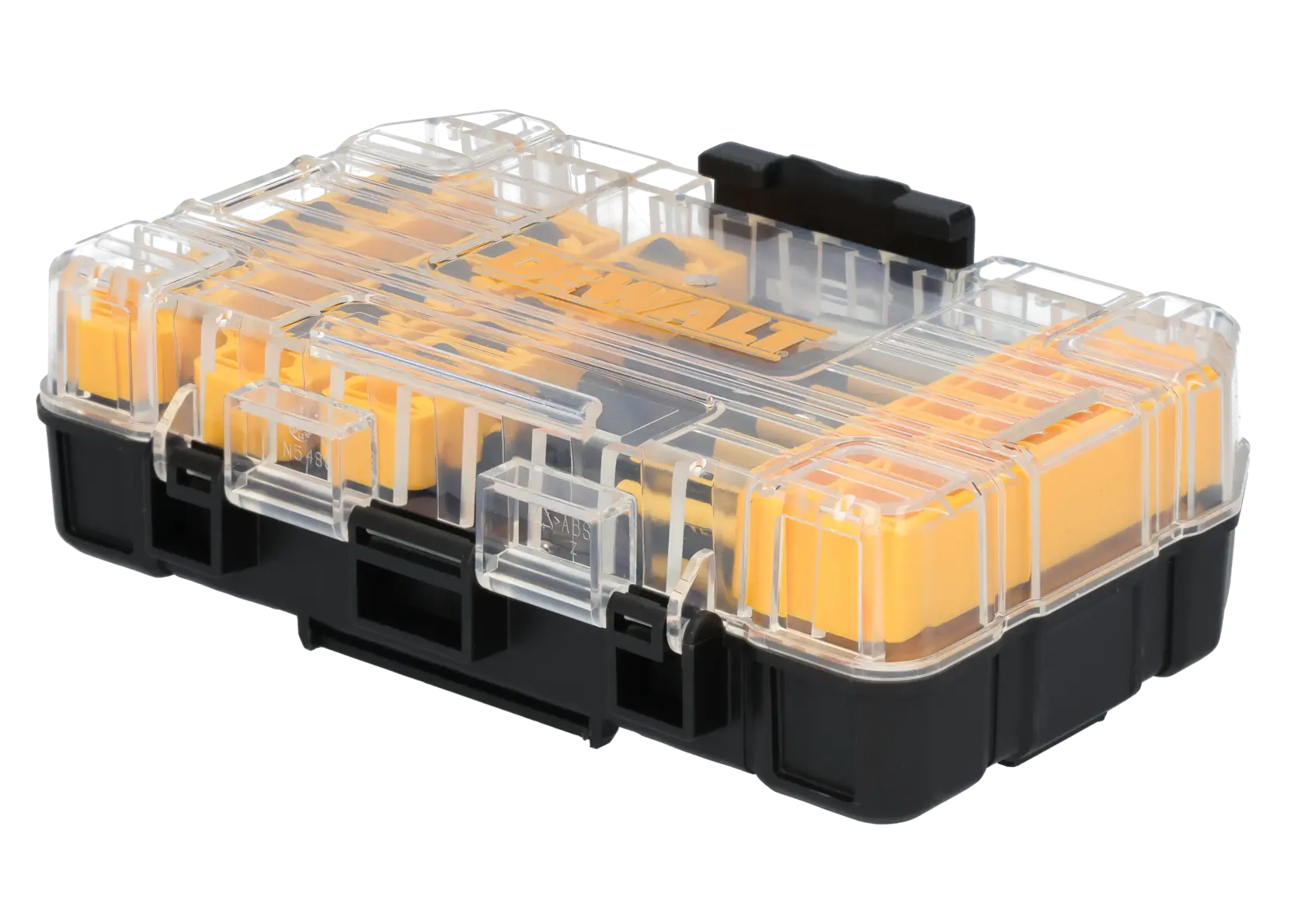 Uma caixa de brocas DEWALT de plástico com tampa transparente, compartimentos internos amarelos e base preta, usada para armazenar brocas.