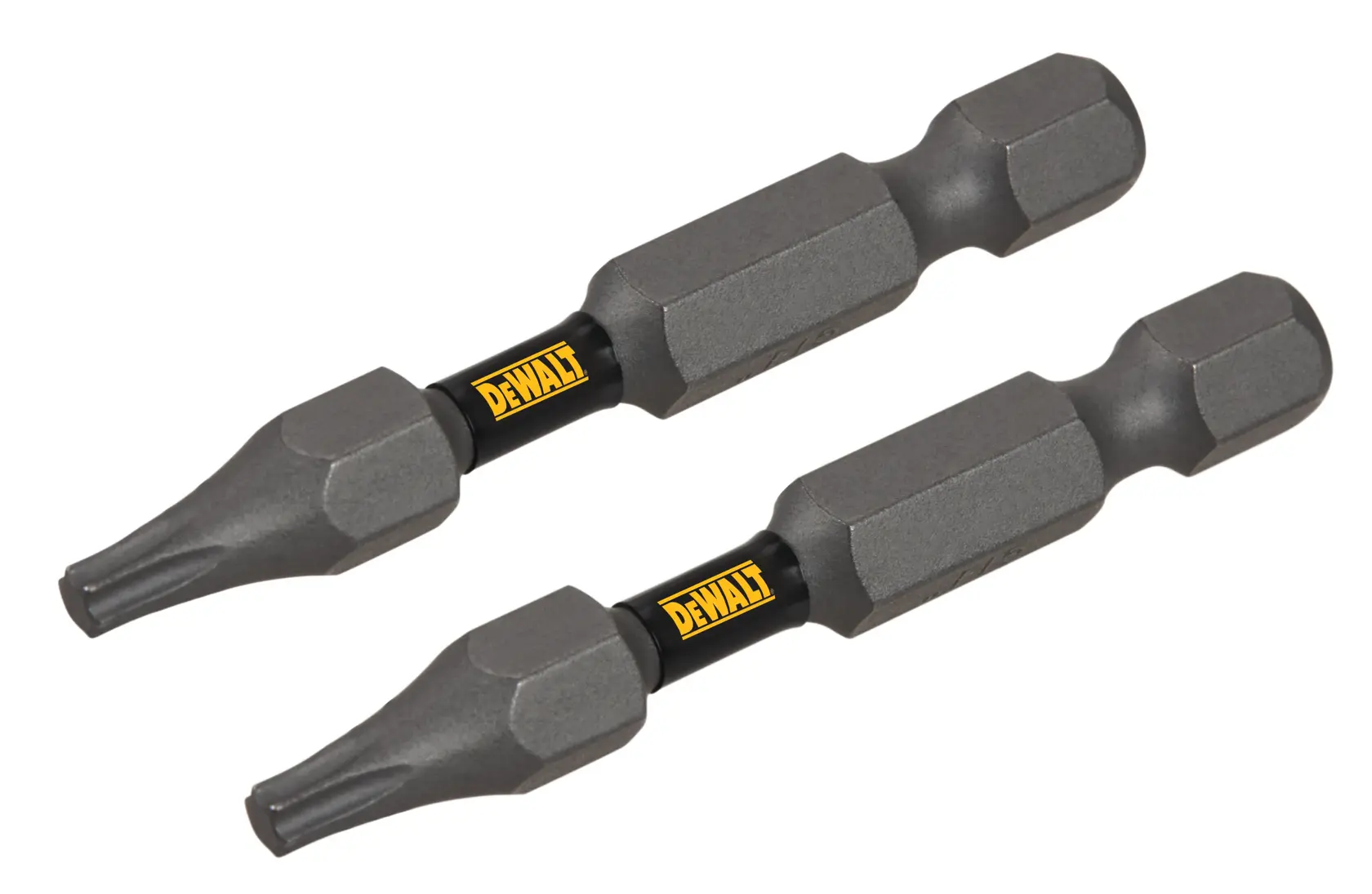 Dois bits de chave de fenda de dupla ponta da marca DEWALT, com acabamento metálico escuro e hastes hexagonais, apresentados lado a lado em um fundo branco.