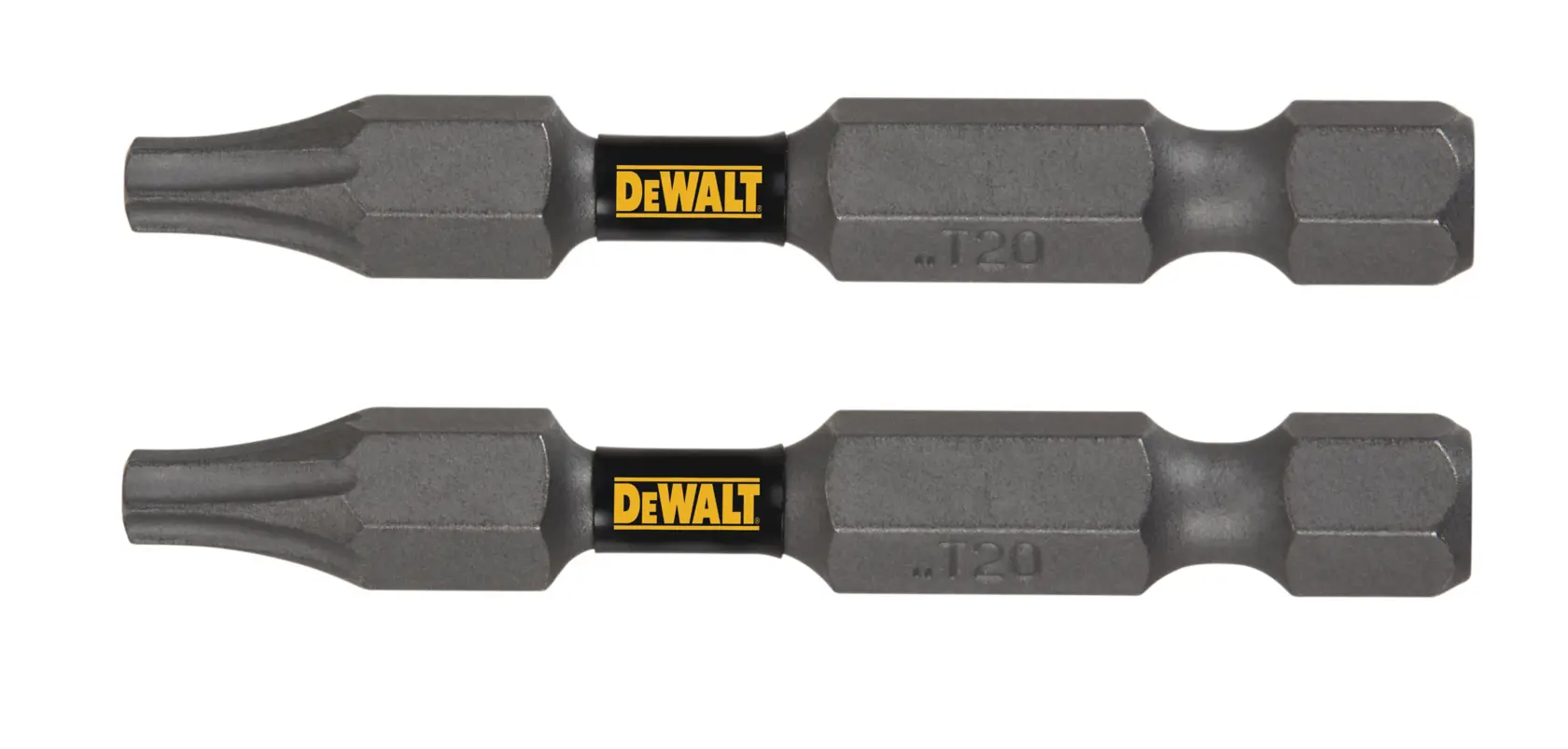Duas pontas de chave estrela T20 DEWALT com o logotipo preto e amarelo da DEWALT no centro de cada ponta.