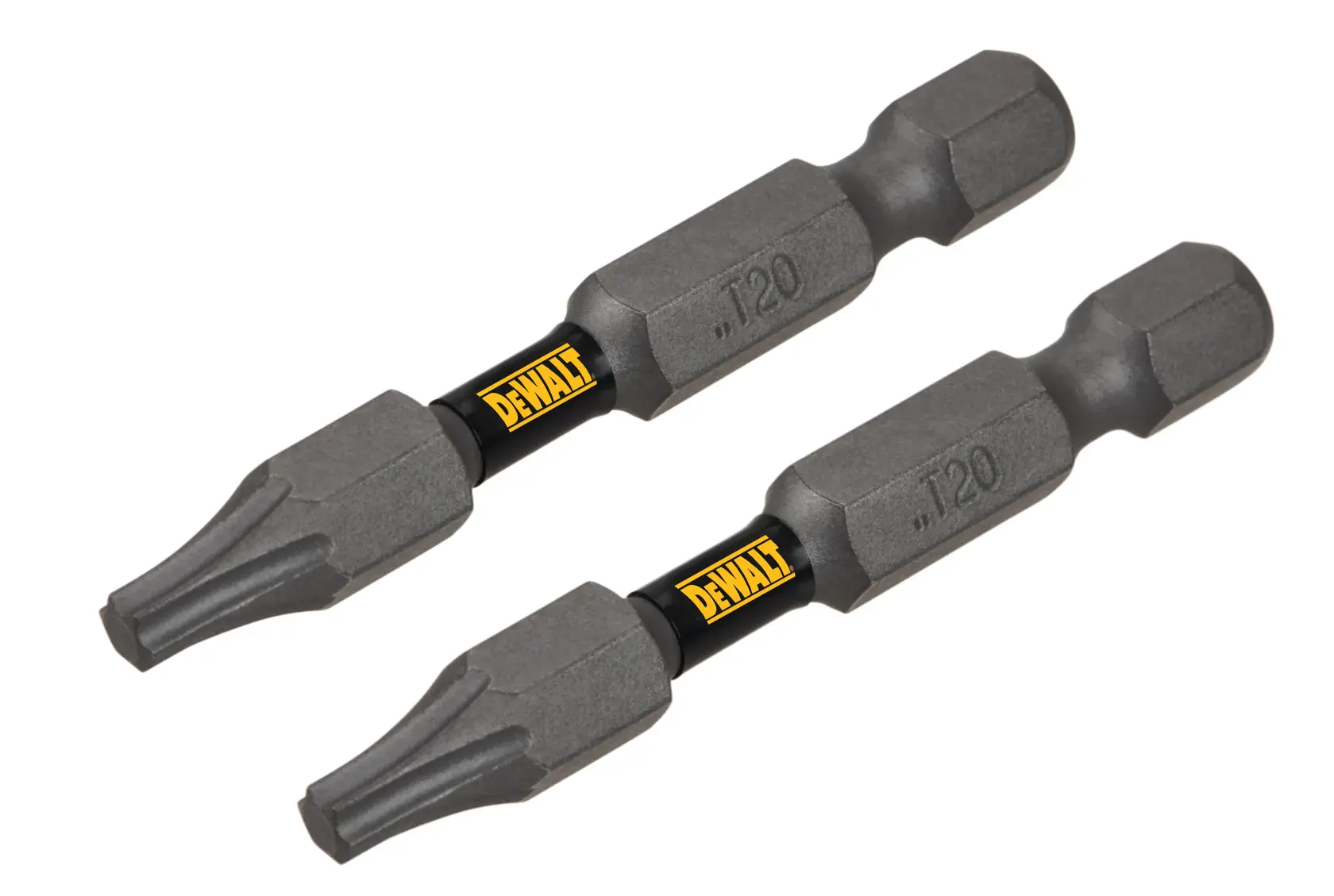 Dois bits de chave Torx T20 da marca DEWALT com haste sextavada, mostrados lado a lado em fundo branco.