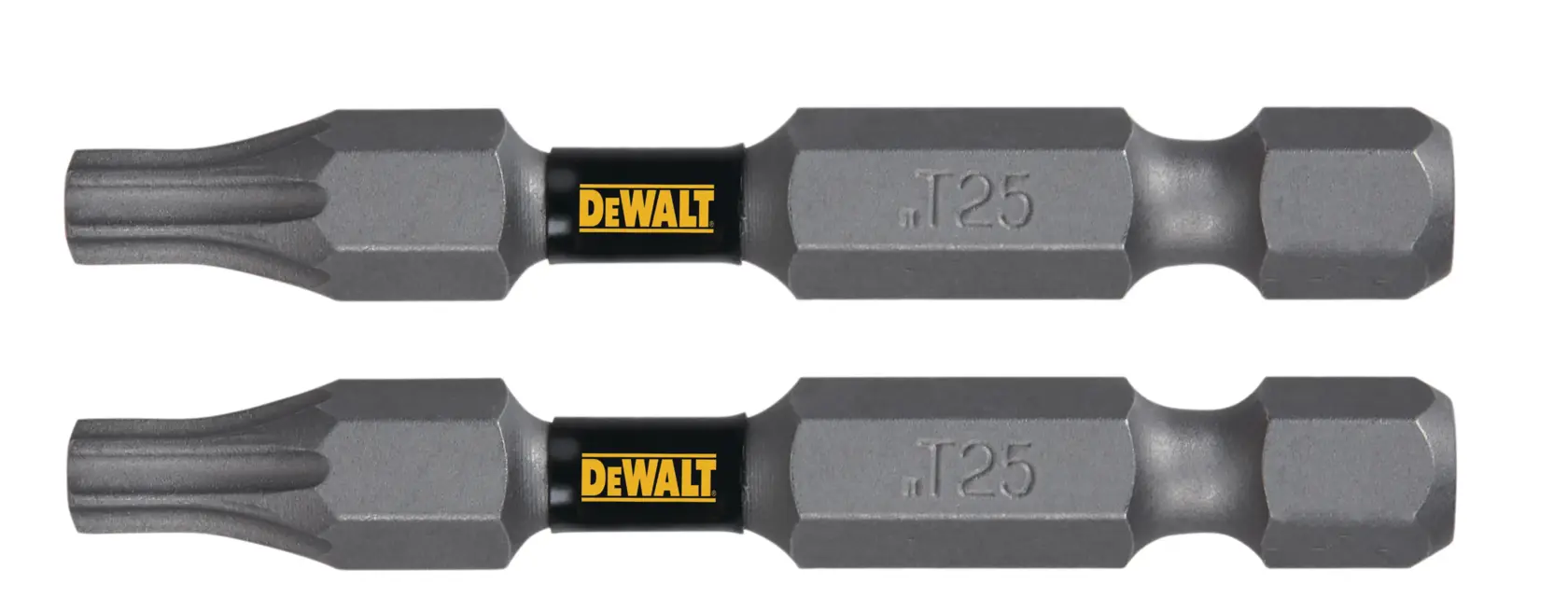 Dois bits de parafusadeira DEWALT T25, mostrando o nome da marca e a marcação de tamanho, posicionados lado a lado sobre um fundo branco.