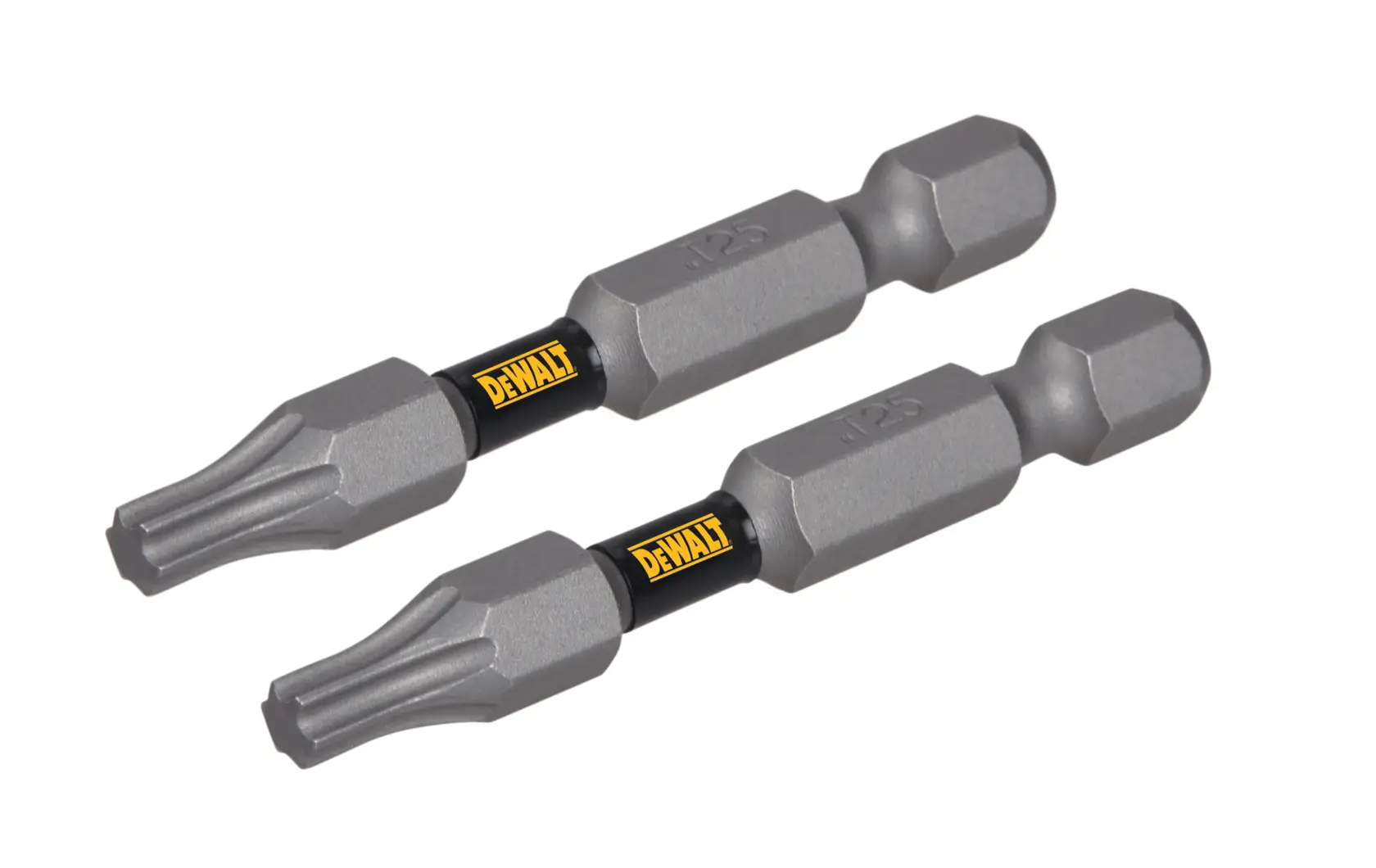 Dois bits de chave de fenda Torx DEWALT tamanho T25, apresentados lado a lado em fundo branco.