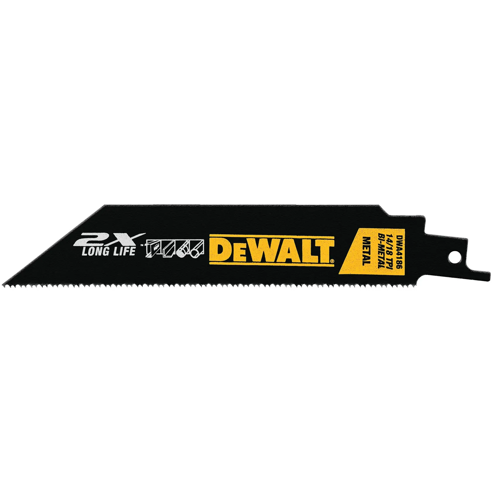 Lâmina de serra reciprocante bi-metal DEWALT DWA4186 para corte de metal. A lâmina é preta com marca e texto em amarelo e branco, mostrando o recurso de longa vida e a compatibilidade com materiais metálicos.