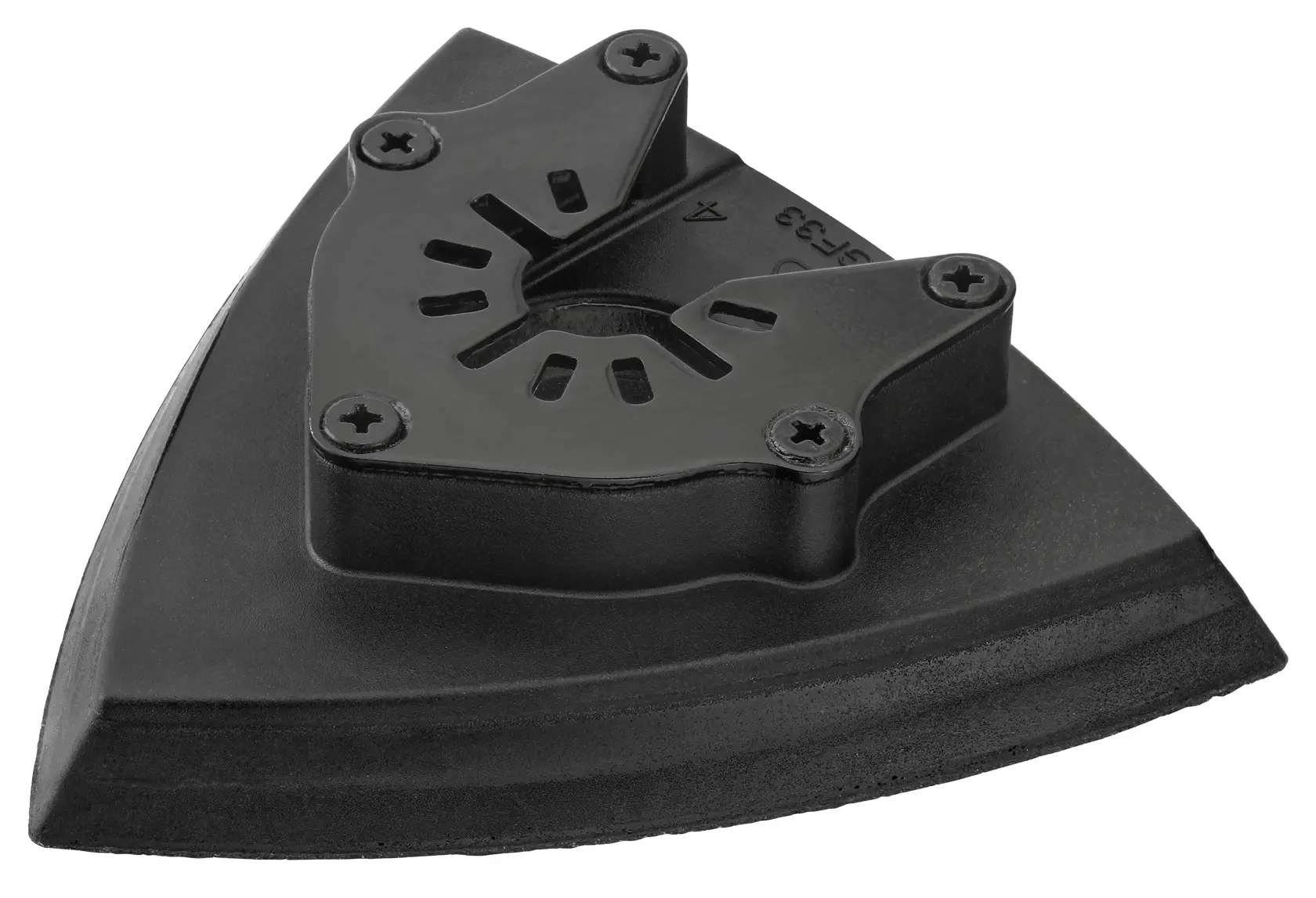 Imagem em close de um acessório de base de lixa triangular para ferramenta oscilante DEWALT. A base é preta, possui quatro parafusos e tem um encaixe central para fixação em uma ferramenta elétrica.