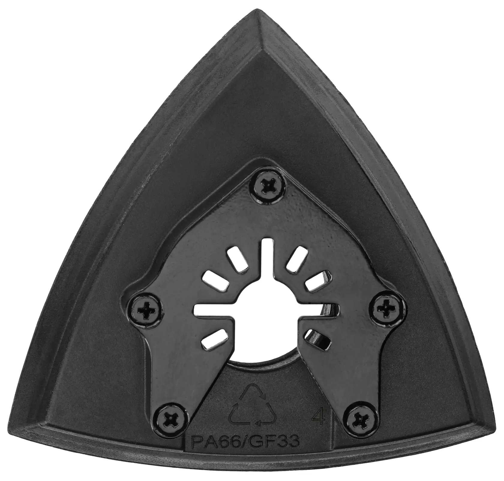 Imagem em close de um acessório de base de lixamento triangular DEWALT DWA4200, mostrando sua cor preta, furos de montagem e área de conexão.