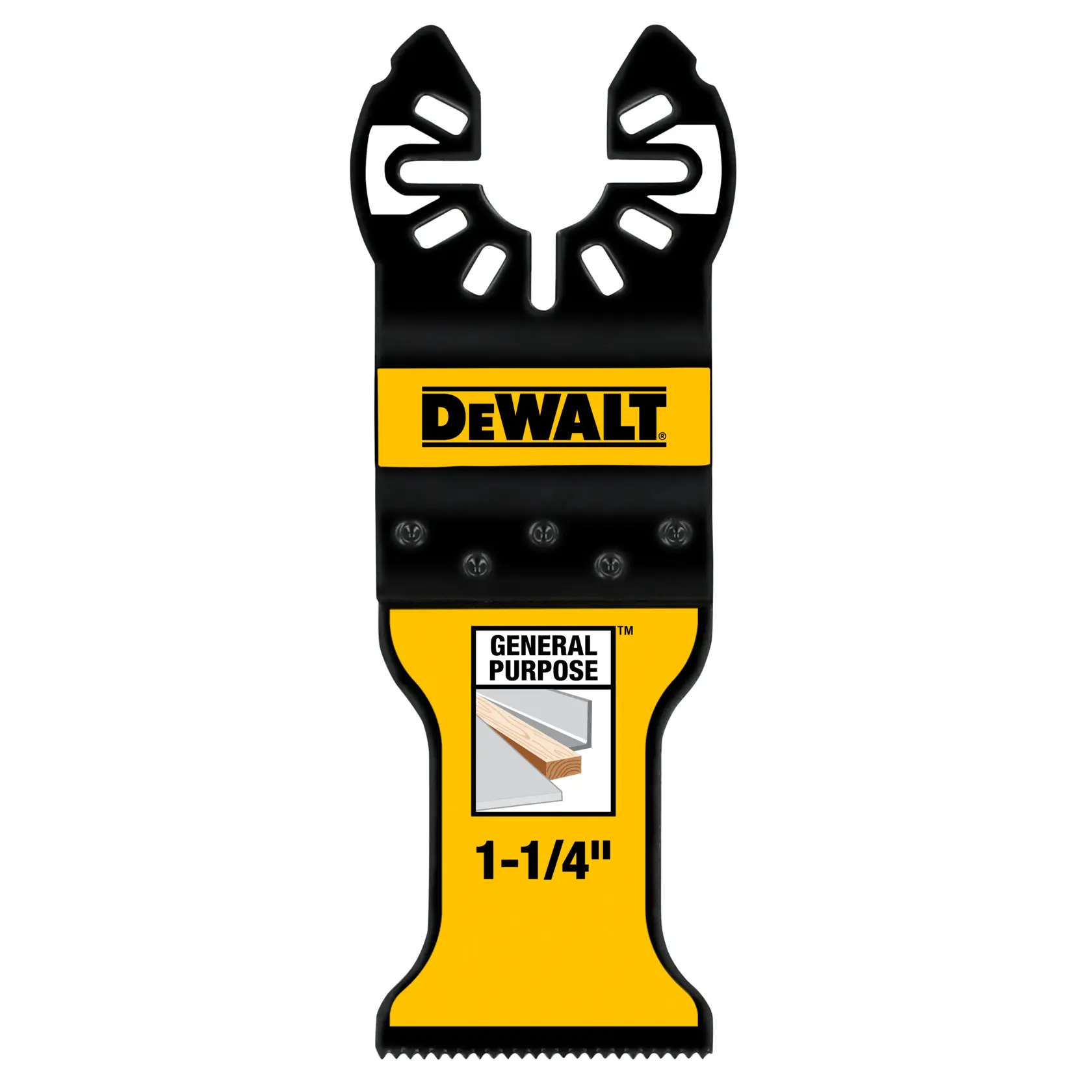 Lâmina de ferramenta oscilante de uso geral DEWALT, com design preto e amarelo, logotipo DEWALT e indicação de 1-1/4 polegada.
