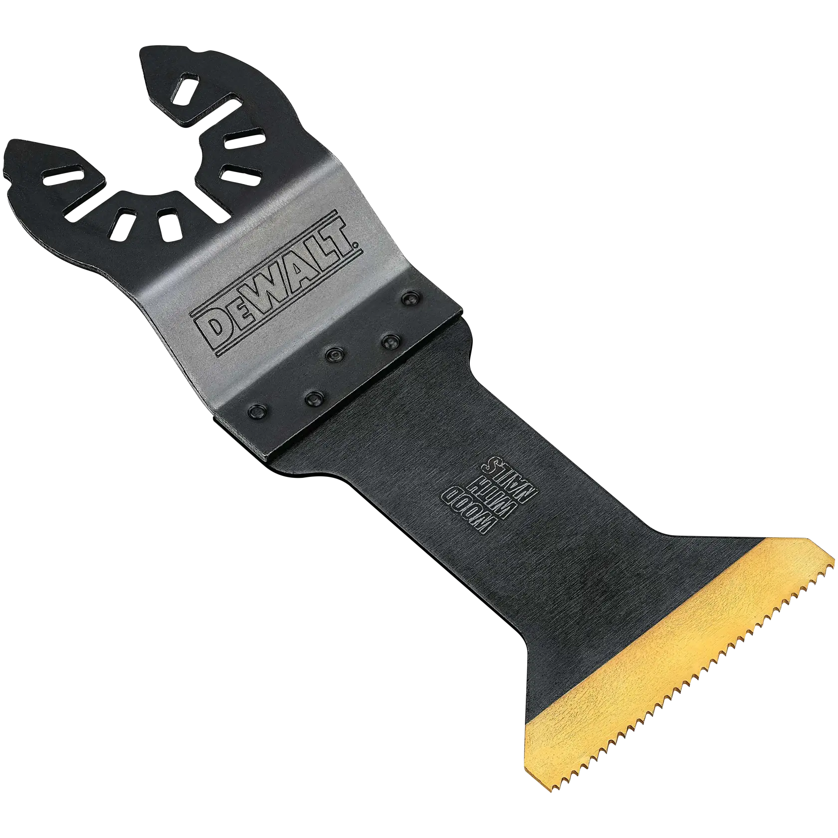 Uma lâmina de ferramenta oscilante da marca DEWALT para corte de uso geral, com design em amarelo e preto. A lâmina está marcada como 'Uso Geral', '1-3/4"' e 'Revestimento de Desempenho'.