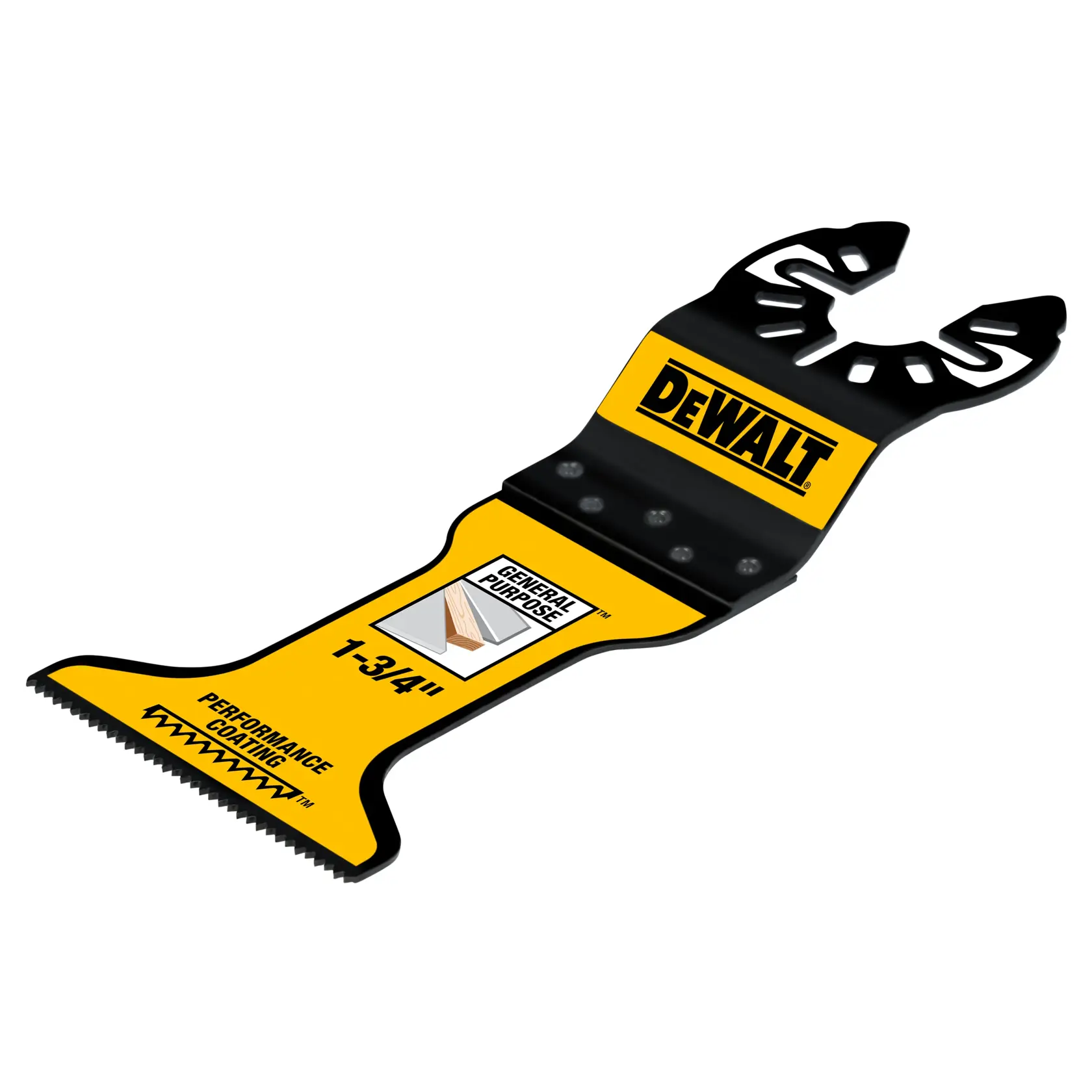 Lâmina para ferramenta oscilante DEWALT com design amarelo e preto para cortes de uso geral, identificada como 1-3/4 polegadas com revestimento de desempenho.
