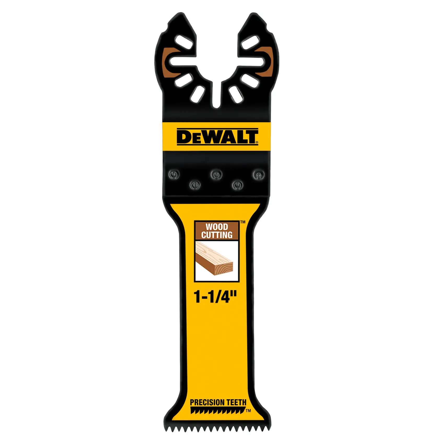 Uma lâmina de ferramenta oscilante da DEWALT para corte de madeira, modelo DWA4205. A lâmina é preta e amarela, possui dentes de precisão e está identificada como '1-1/4 polegada' para corte de madeira.
