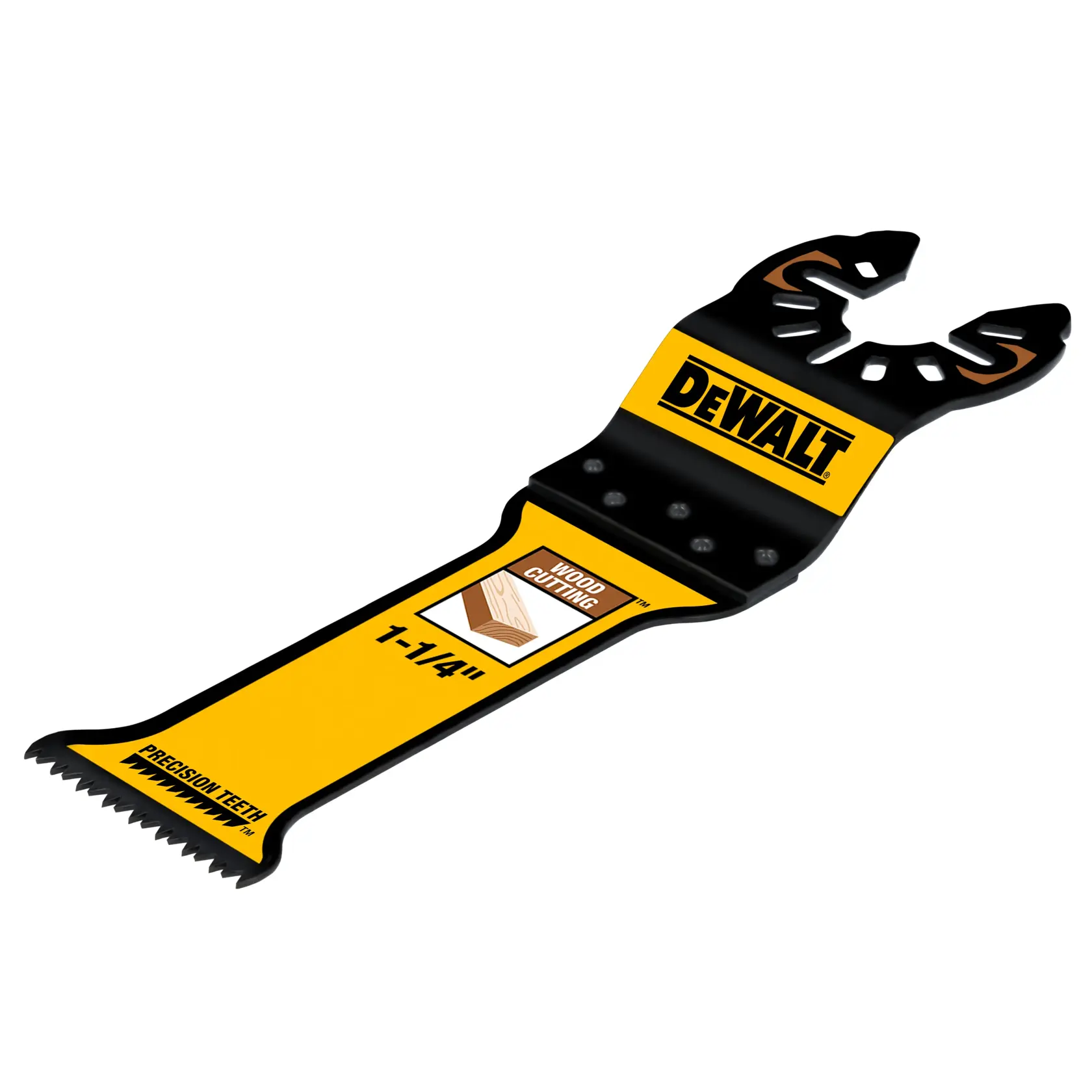 Um acessório de lâmina de serra DEWALT de 1-1/4 polegada para corte de madeira, com dentes de precisão e projetado para cortar madeira. A lâmina é preta e amarela com o logotipo da DEWALT e possui um gráfico indicando que é para corte de madeira.
