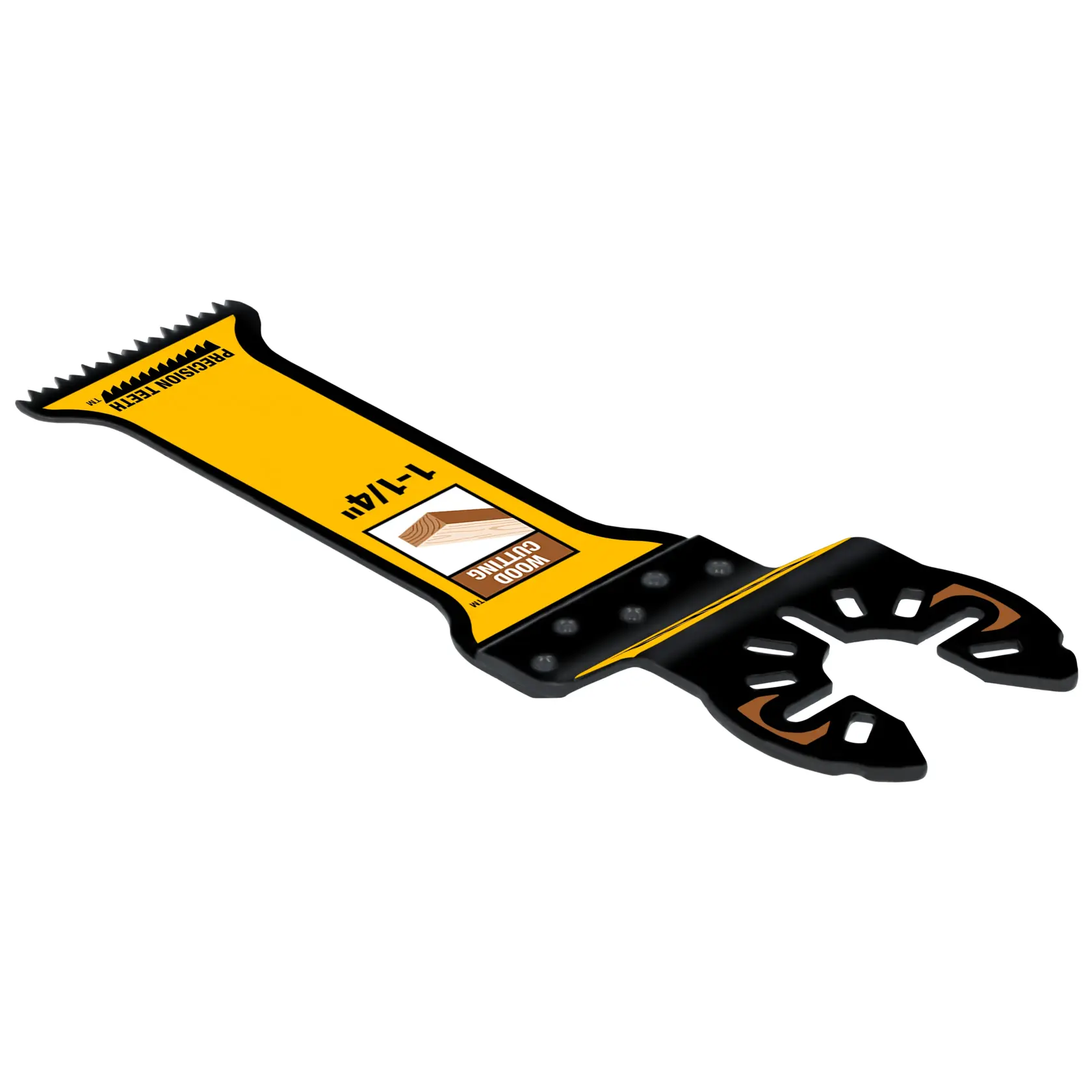 Uma lâmina de ferramenta oscilante DEWALT DWA4205 para corte de madeira de precisão, com design amarelo e preto, etiqueta de corte de madeira e borda serrilhada.