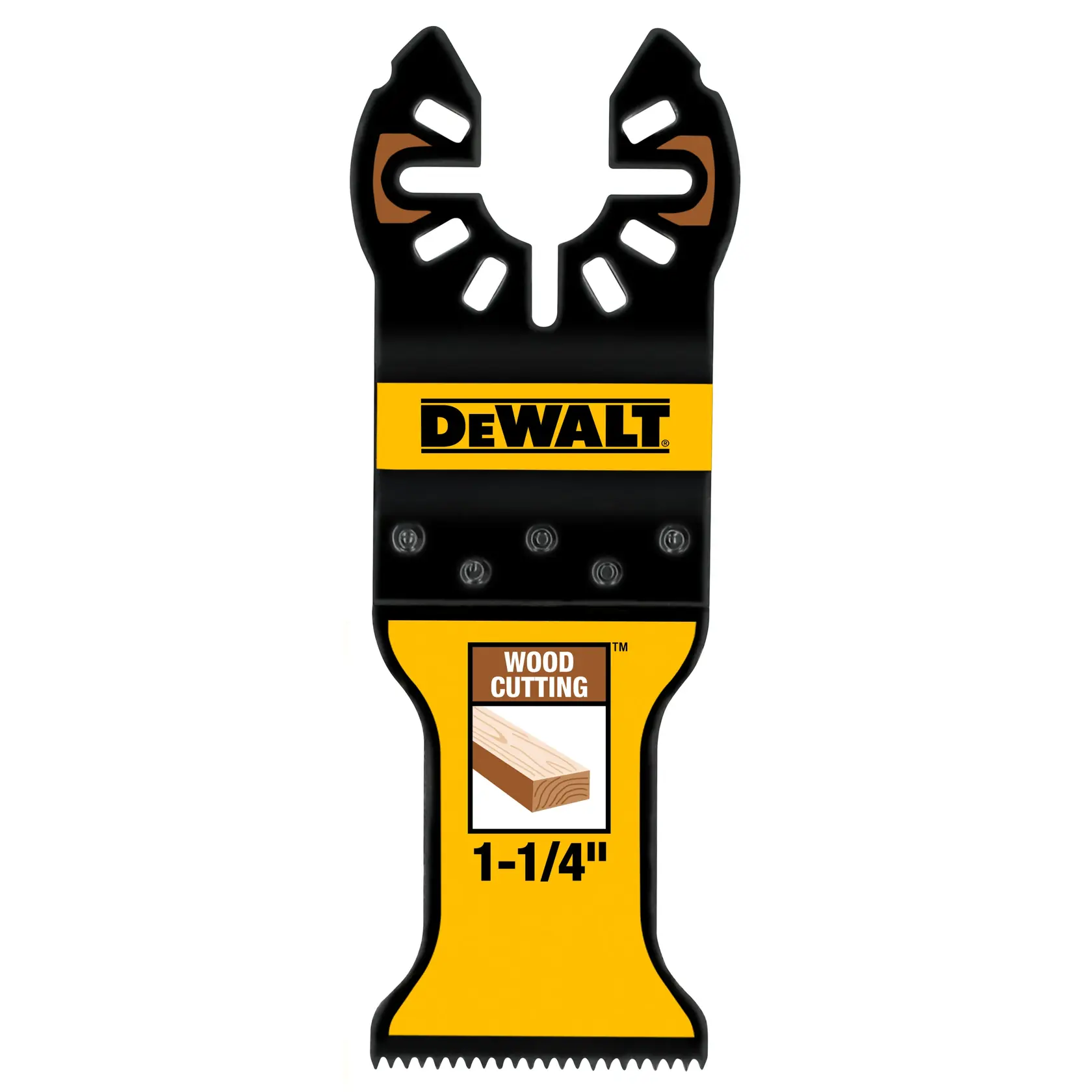 Foto da lâmina oscilante DEWALT DWA4206 para madeira, preta e amarela, 1-1/4 pol., vista frontal.