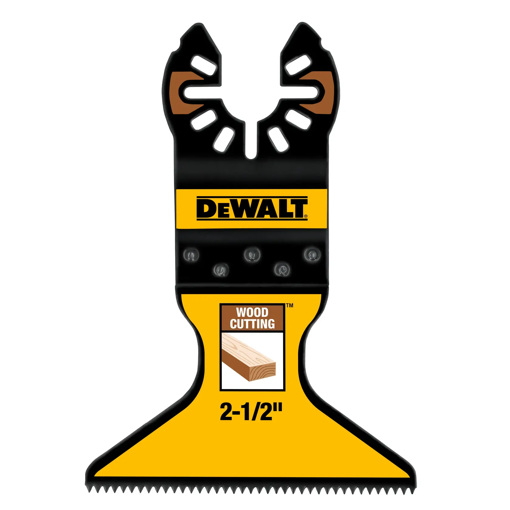 Foto da lâmina oscilante DEWALT para madeira, SKU DWA4207, dente largo, amarela e preta, vista frontal.