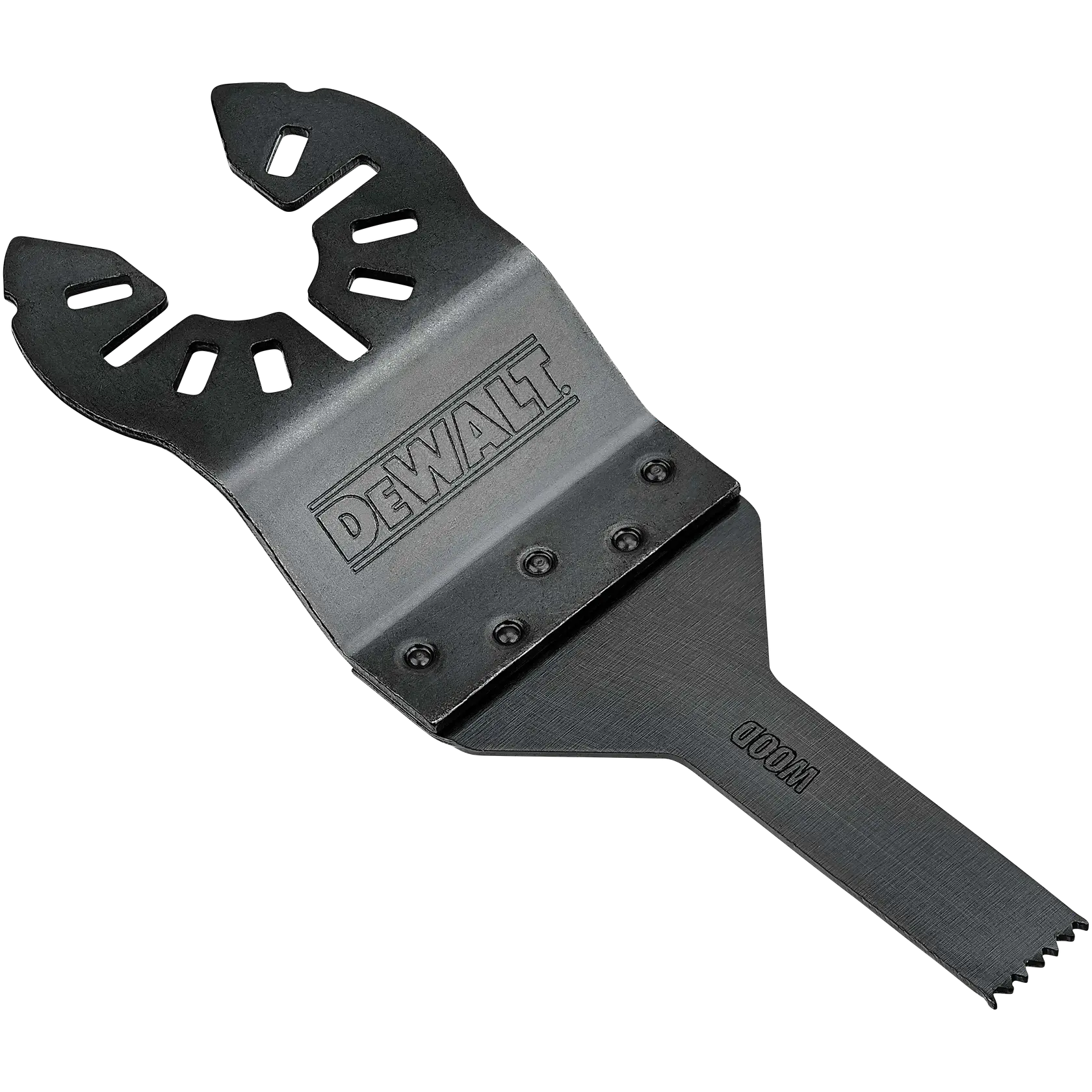 Foto da lâmina oscilante preta DEWALT DWA4208 para madeira, close-up, fundo branco.