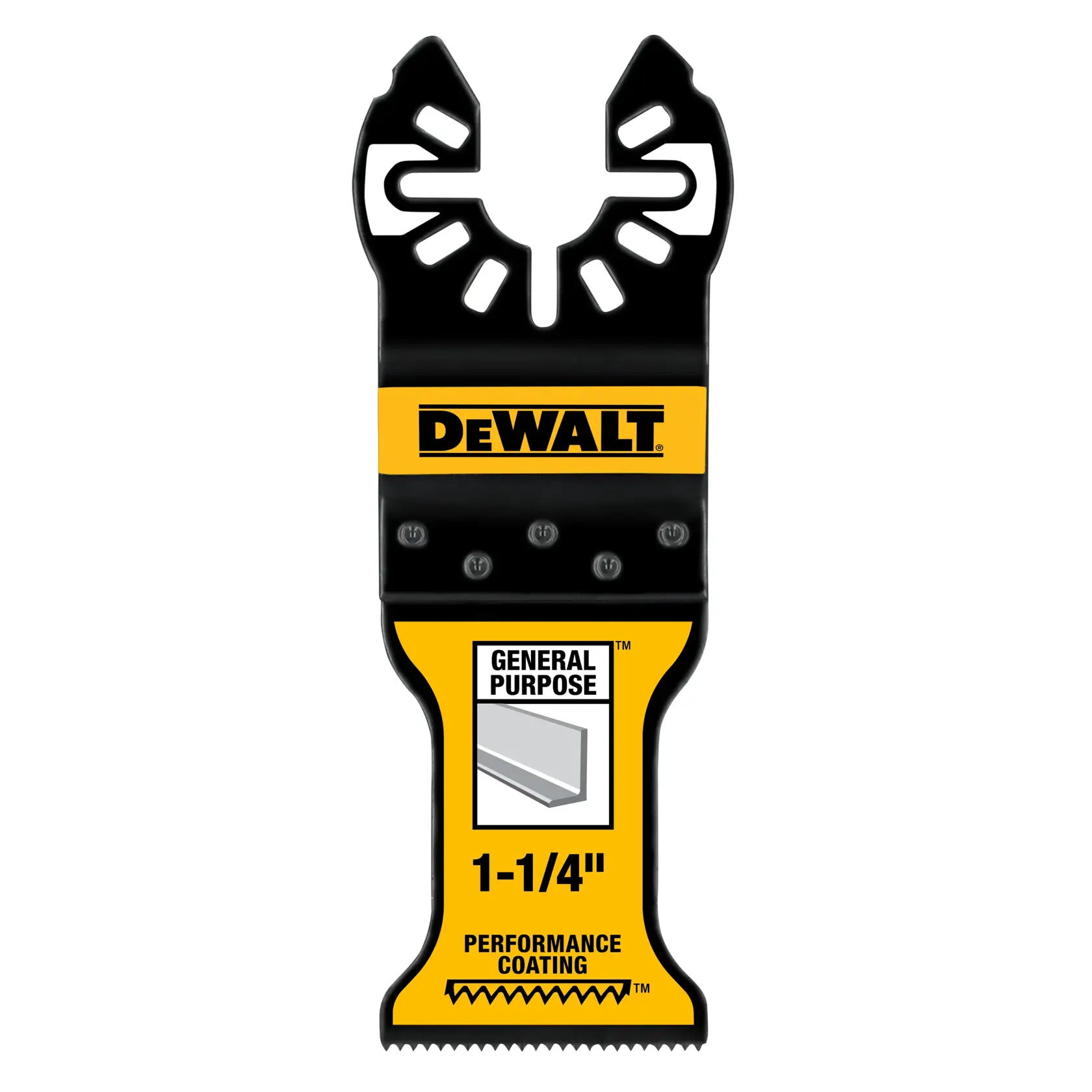 Uma lâmina de ferramenta oscilante da marca DEWALT com cores preta e amarela. A lâmina está marcada como 'Uso Geral', '1-1/4"' e 'Performance Coating'.