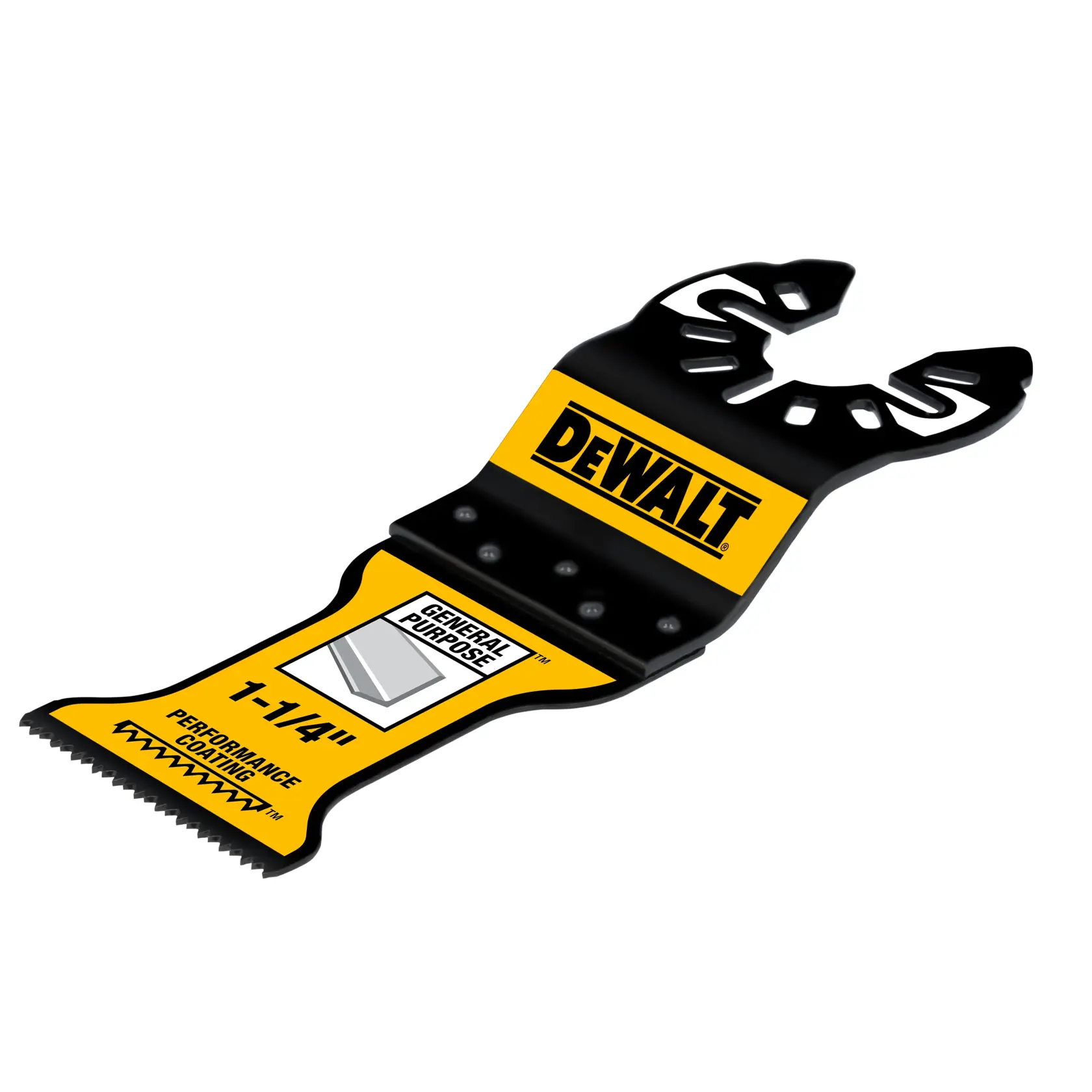 Uma lâmina de ferramenta multifuncional oscilante da marca DEWALT, nas cores amarela e preta, rotulada como 'Uso Geral' e 'Revestimento de performance 1-1/4 polegadas'. A lâmina tem uma borda de corte serrilhada e um conector de encaixe universal.