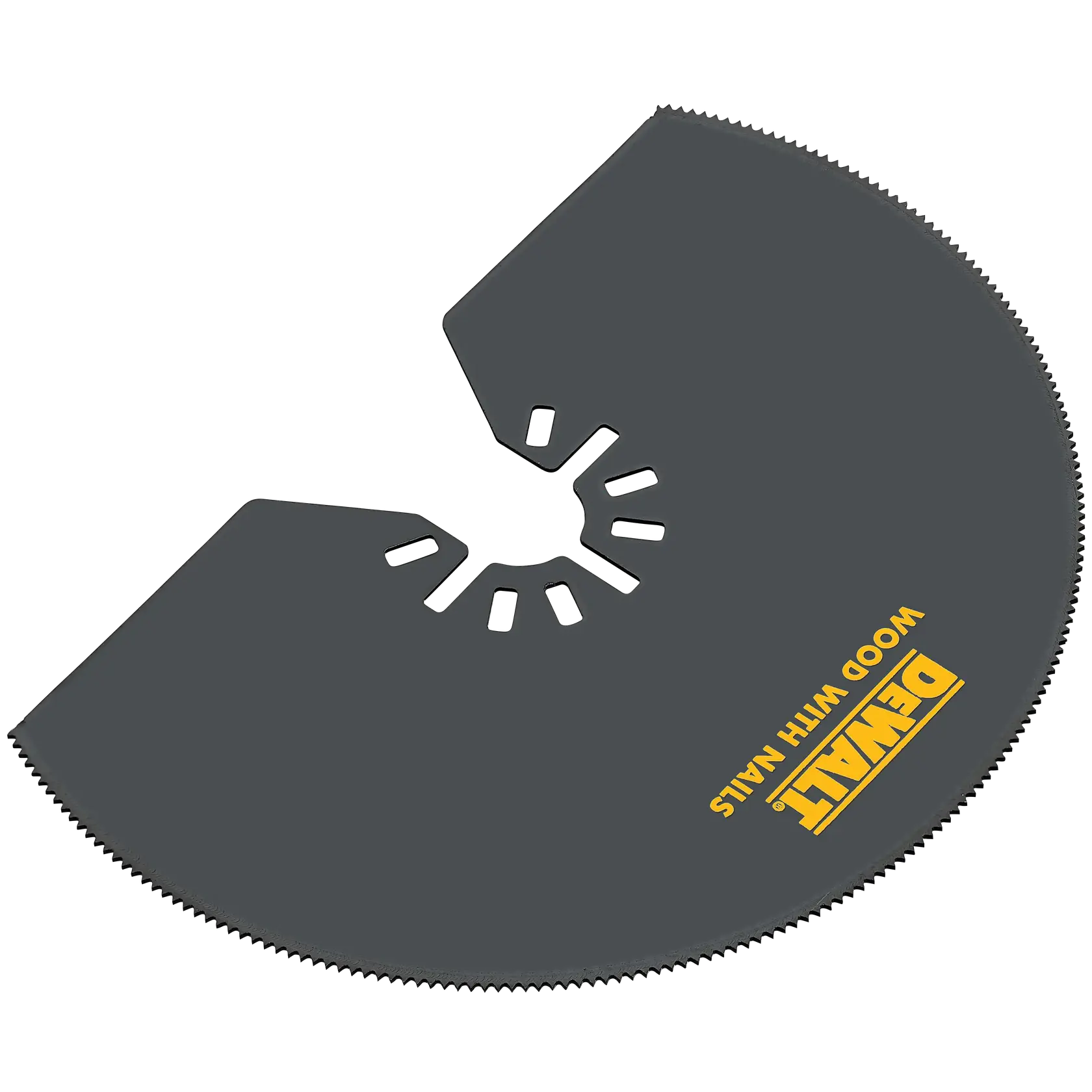 Foto da lâmina oscilante semicircular DEWALT DWA4210 para madeira com pregos, preta, fundo branco.