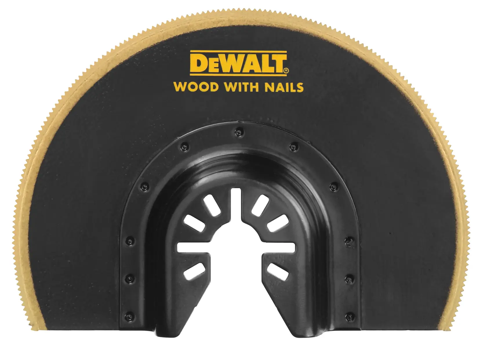 Lâmina para ferramenta oscilante DEWALT para cortar madeira com pregos, formato semicircular, preta com borda amarela e logo da marca.