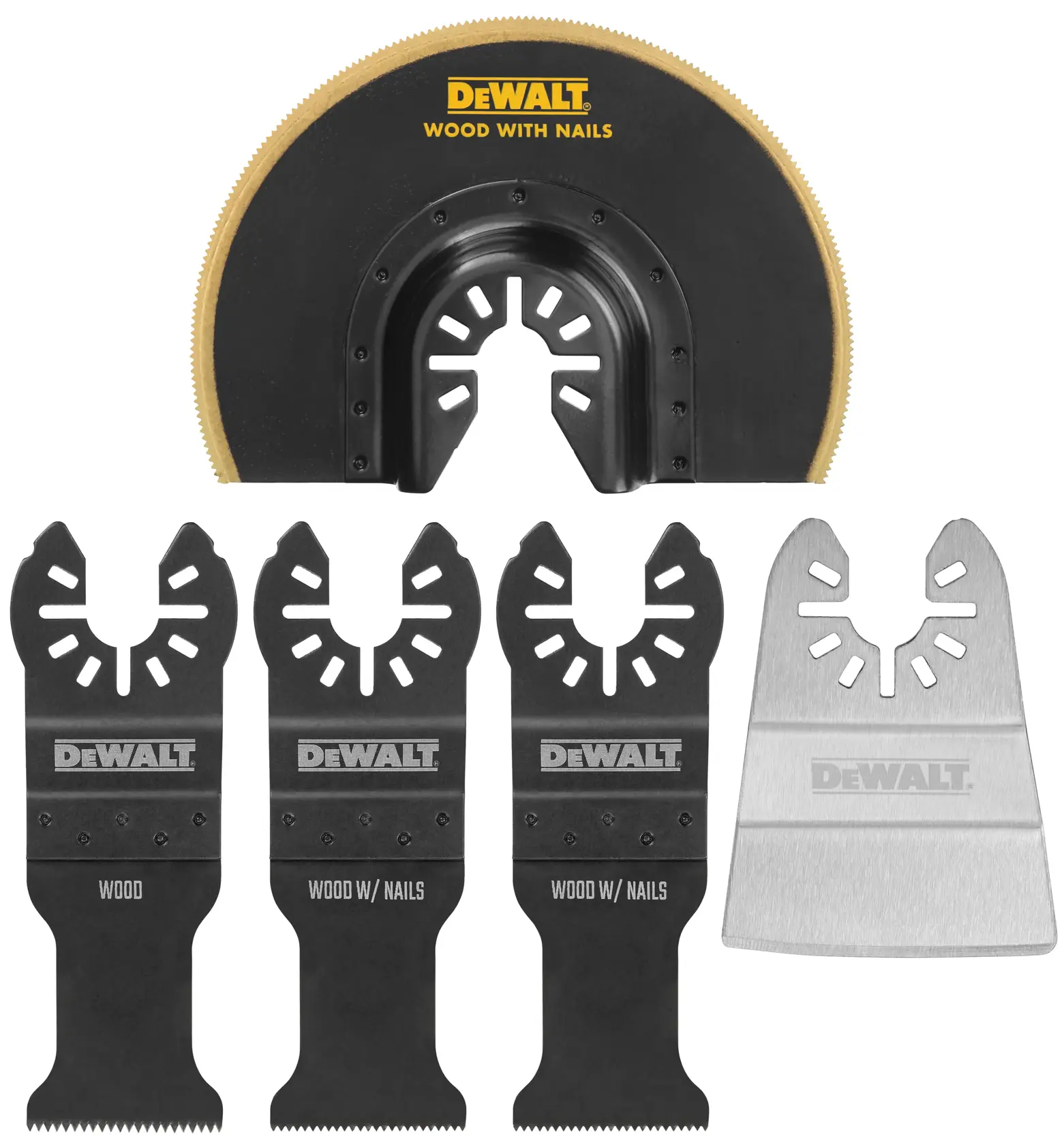 Um conjunto de lâminas para ferramenta oscilante DEWALT, incluindo uma lâmina circular com inscrição 'Wood with Nails', três lâminas retas para madeira e madeira com pregos, e uma lâmina larga de raspador, exibido em fundo branco.