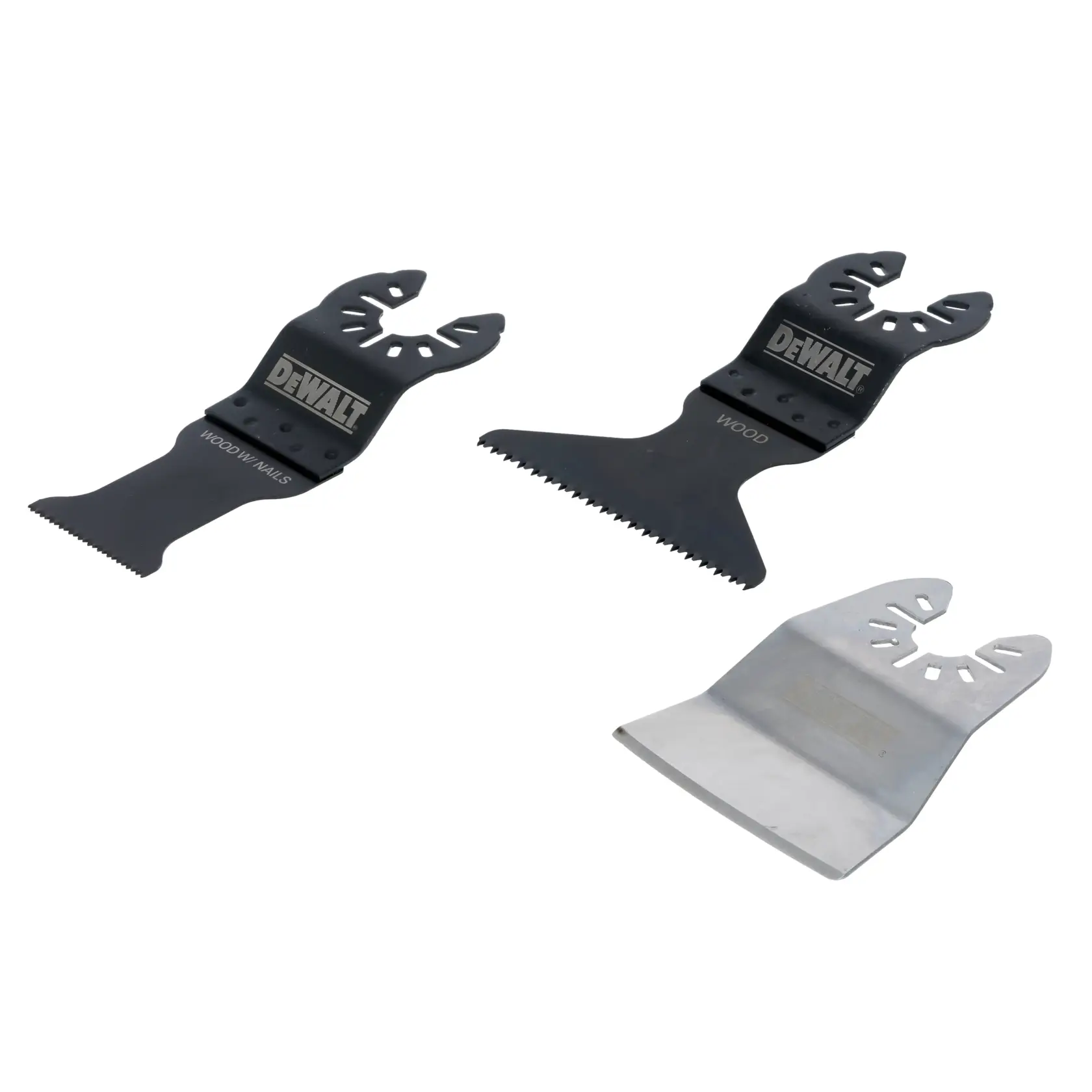 Três lâminas de ferramenta oscilante DEWALT, cada uma com formas e bordas de corte diferentes para várias aplicações. As lâminas são projetadas para cortar madeira e metal, além de raspar.