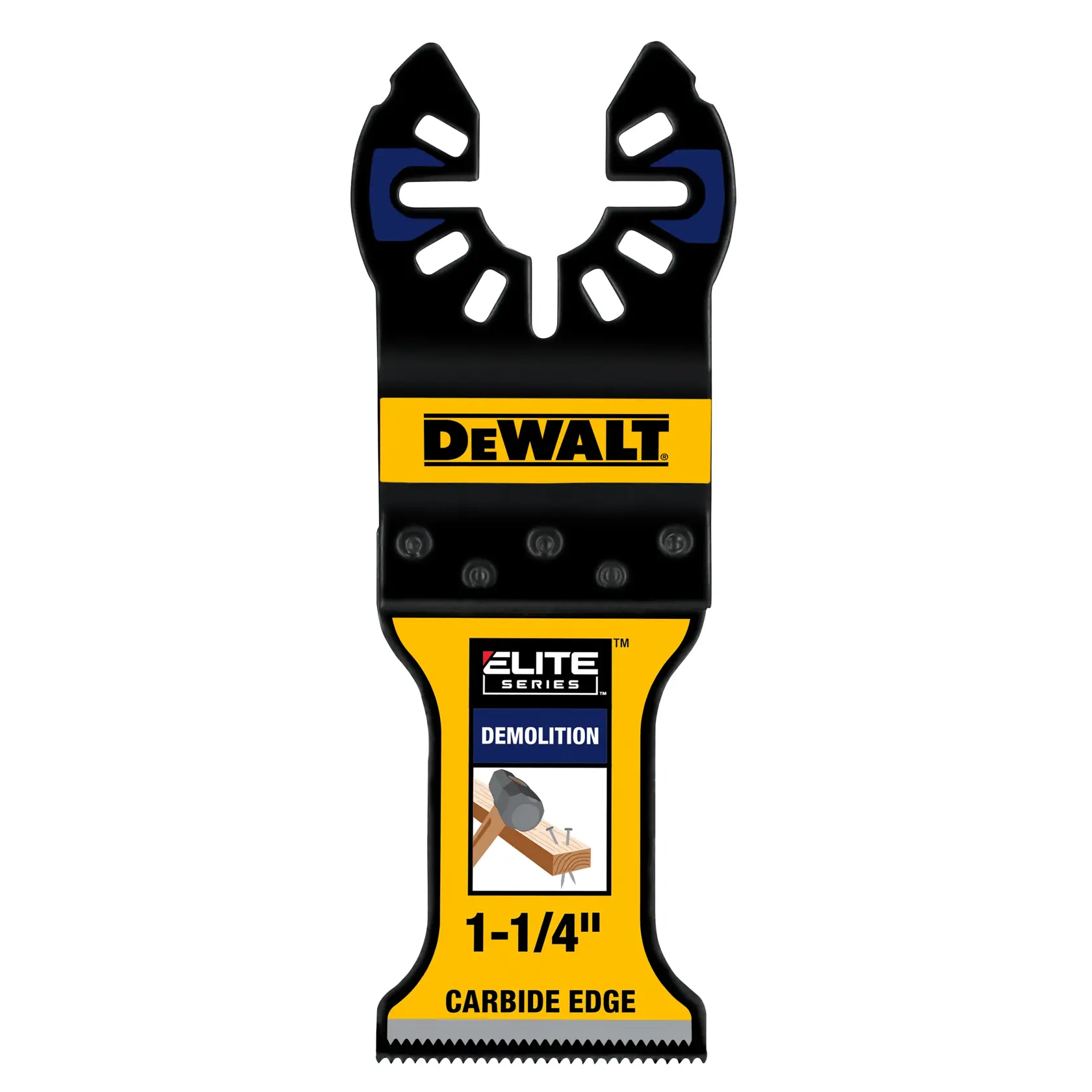 Lâmina para ferramenta oscilante multifuncional DEWALT Elite Series para demolição, borda de carboneto, 1-1/4 polegada, com design preto e amarelo e rotulagem do produto.