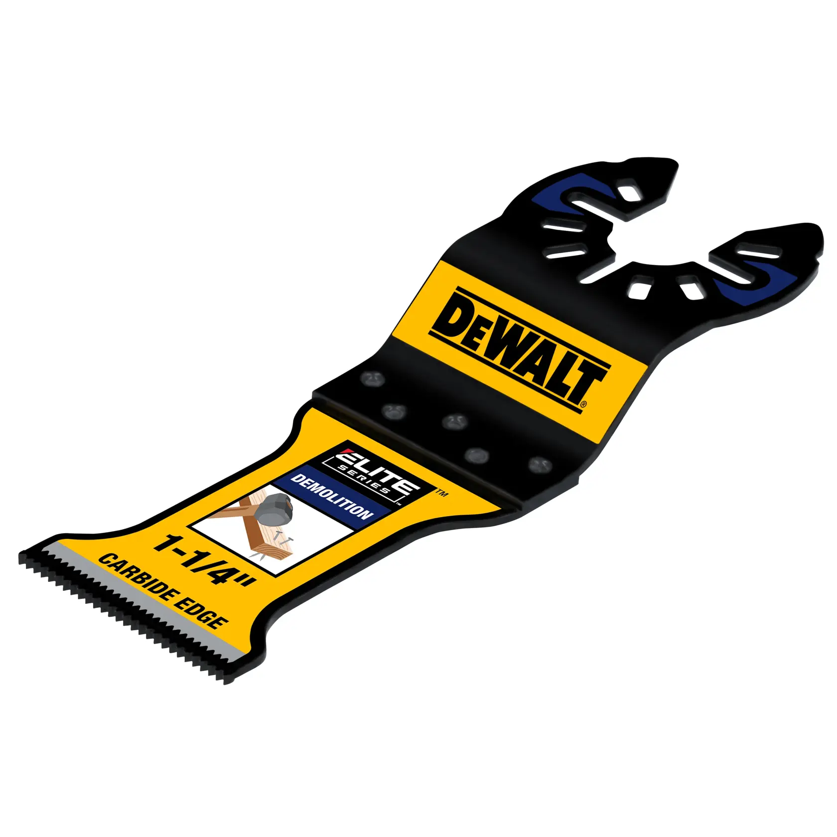 Uma lâmina de ferramenta oscilante DEWALT Elite Series de 1-1/4 polegadas com borda de carbeto para demolição, apresentando design preto e amarelo com a marca e especificações do produto impressas na lâmina.