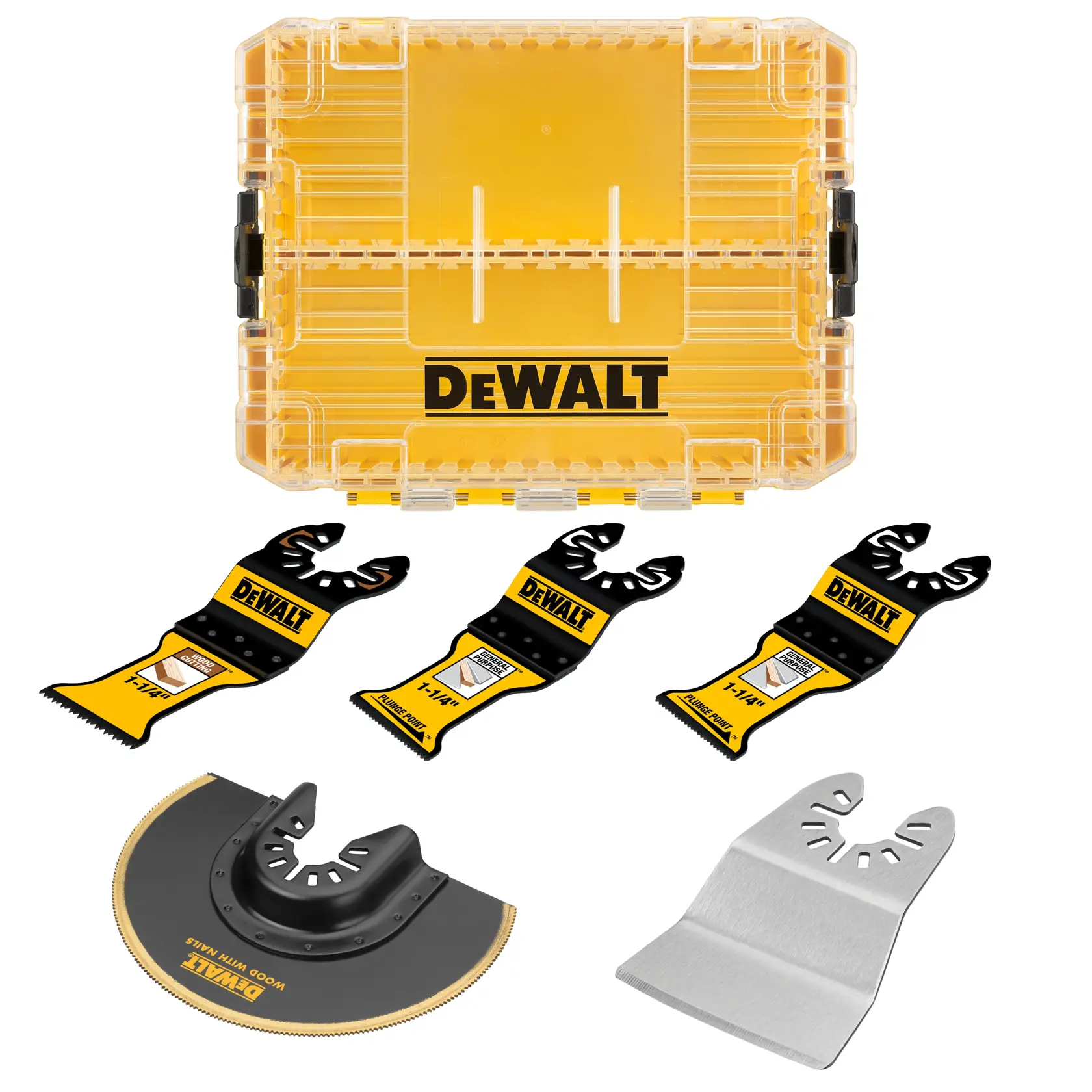 Um estojo de armazenamento amarelo da marca DEWALT com cinco lâminas acessórias para mult ferramentas dispostas na frente. O conjunto inclui três lâminas de corte retas preta e amarela, uma lâmina de serra curva e uma lâmina raspadora plana.