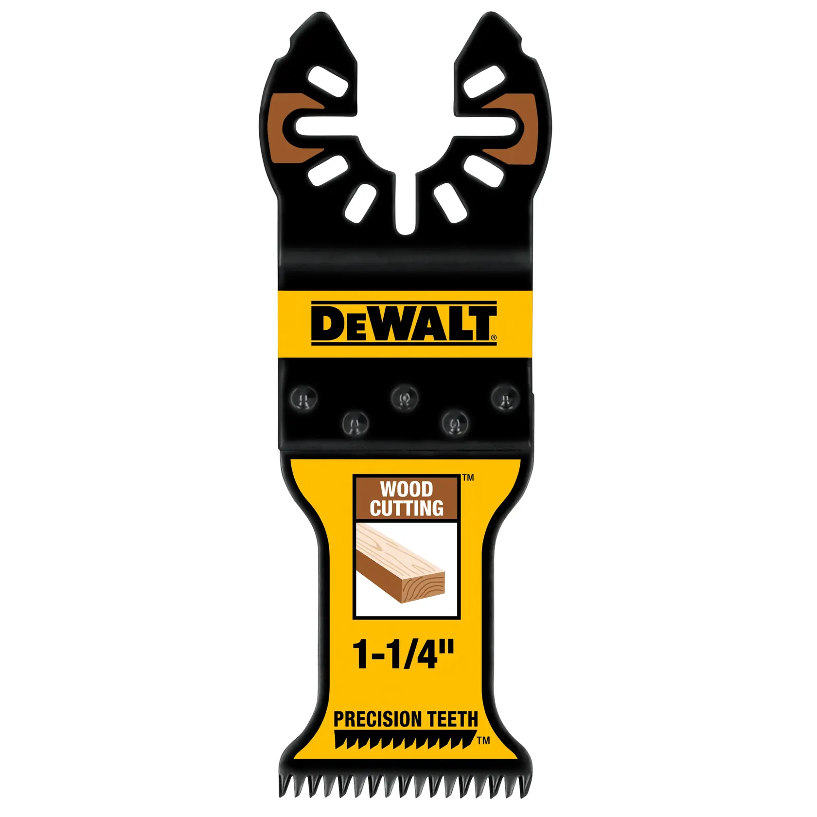 Lâmina para ferramenta multifuncional oscilante DEWALT DWA4270 para corte de madeira, com dentes de precisão e largura de 1-1/4 polegadas, apresentada em embalagem preta e amarela.