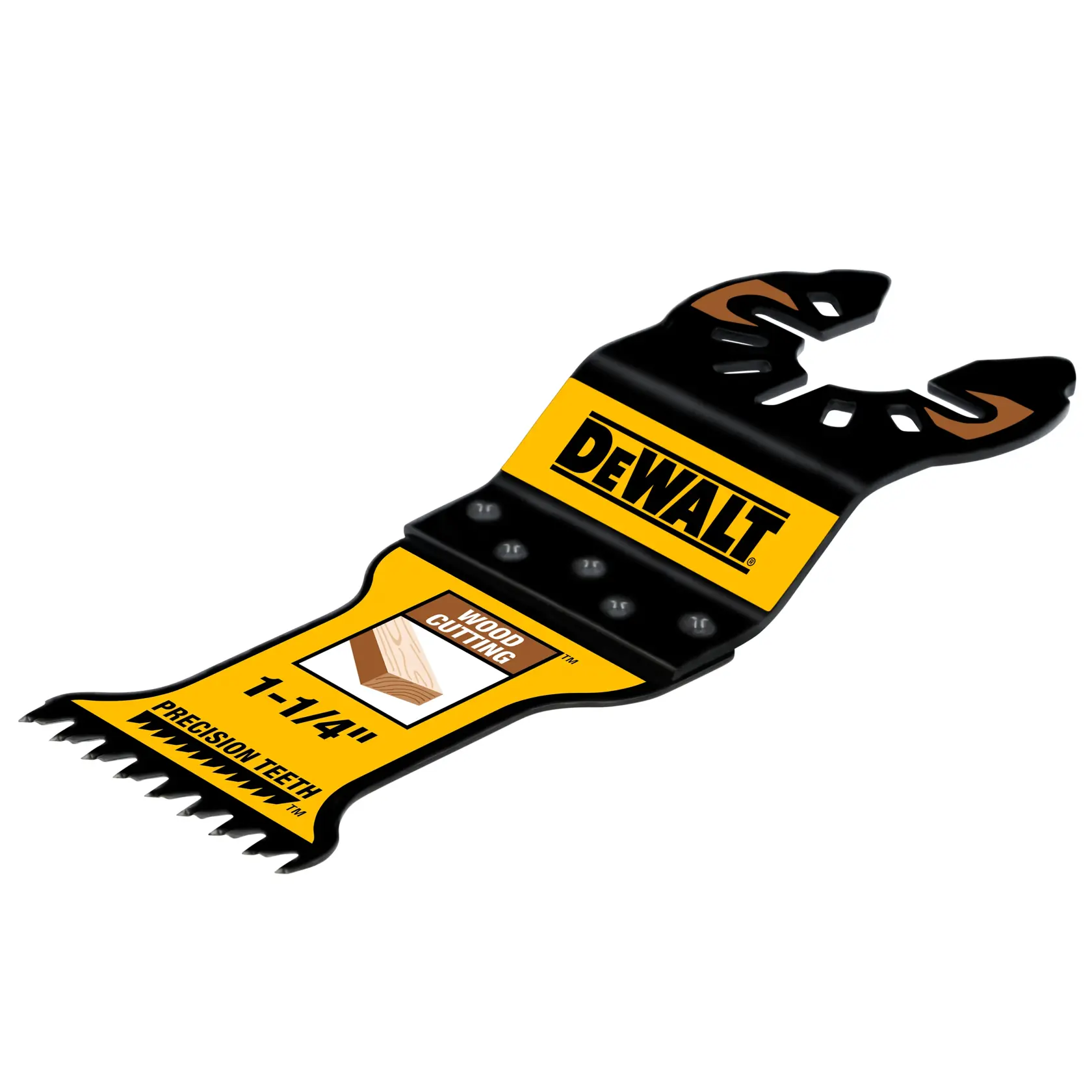Uma lâmina de ferramenta oscilante da marca DEWALT, indicada para corte de madeira com dentes de precisão. A lâmina é preta com rotulação amarela e apresenta um gráfico de madeira, marcada como 1-1/4 polegadas.