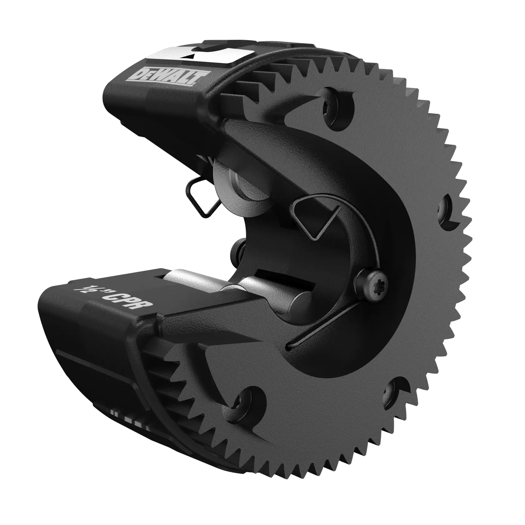 Vista de close-up de uma ferramenta de corte de tubos DEWALT, apresentando um componente metálico circular com dentes semelhantes a engrenagens e partes móveis para cortar tubos.