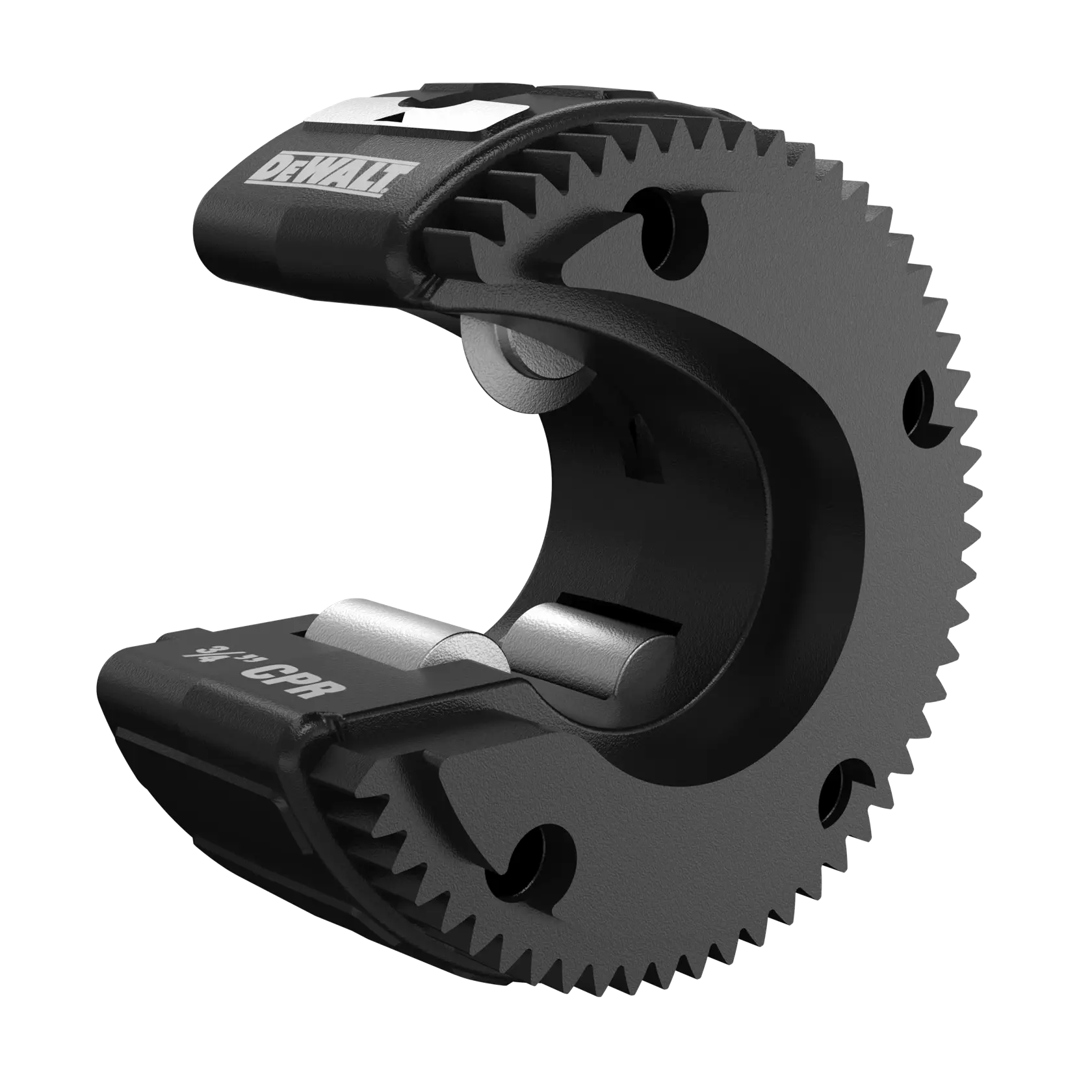 Cortador de tubos DEWALT de 3/4 polegadas com design circular preto serrilhado e lâminas de corte internas, modelo DWACPR34.