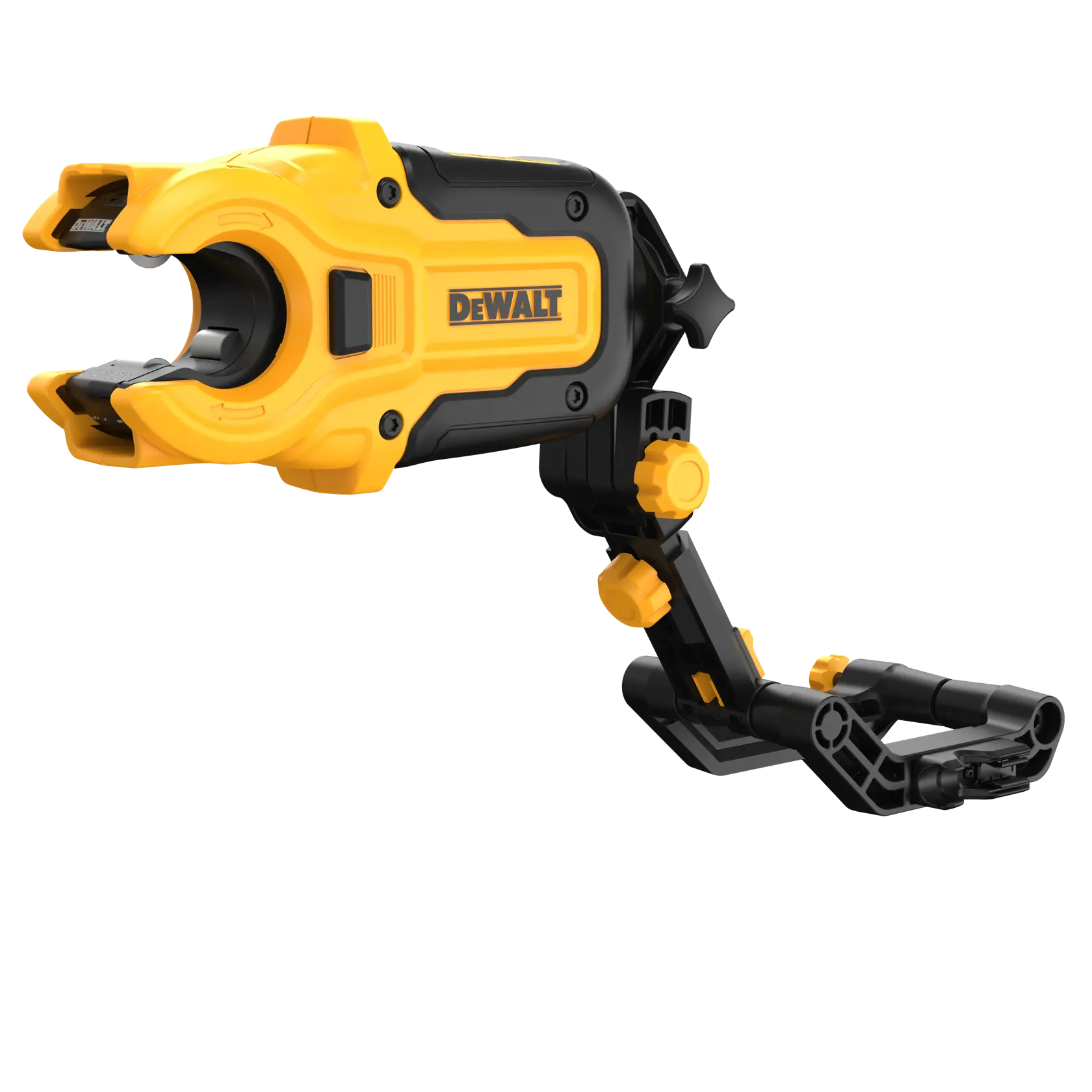 Imagem em close de um adaptador de montagem para câmera da marca DEWALT. O aparelho é amarelo e preto, possui botões e grampos ajustáveis, e foi projetado para prender câmeras ou acessórios com segurança.