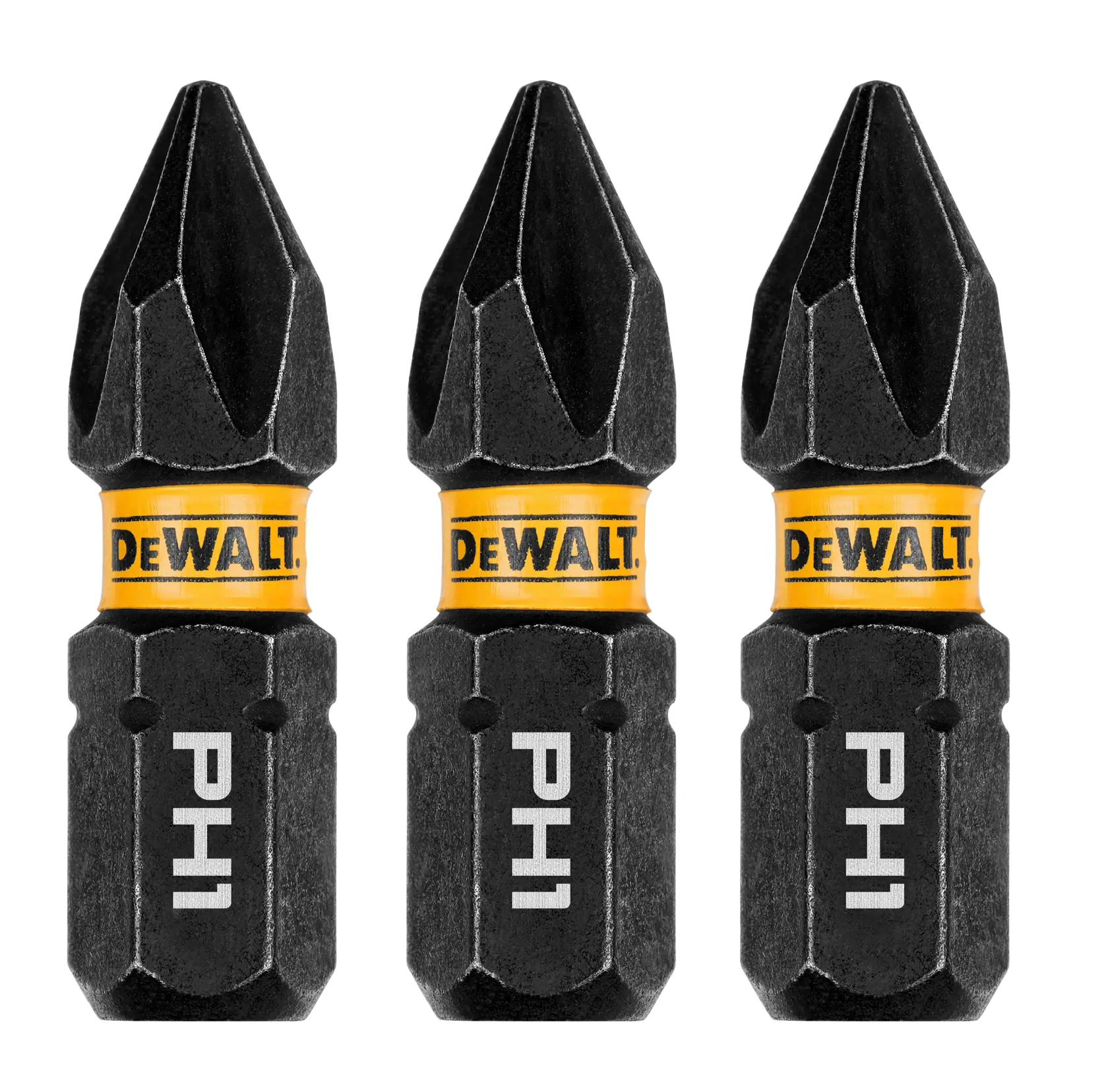 Três bits de impacto de chave de fenda PH1 da marca DEWALT estão exibidos lado a lado, cada um com uma faixa amarela com o logotipo DEWALT.