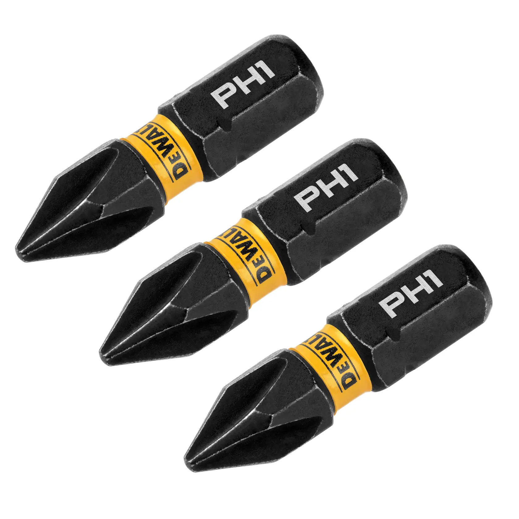 Três bits de parafuso DEWALT PH1, pretos com detalhes amarelos, exibidos lado a lado sobre um fundo branco.