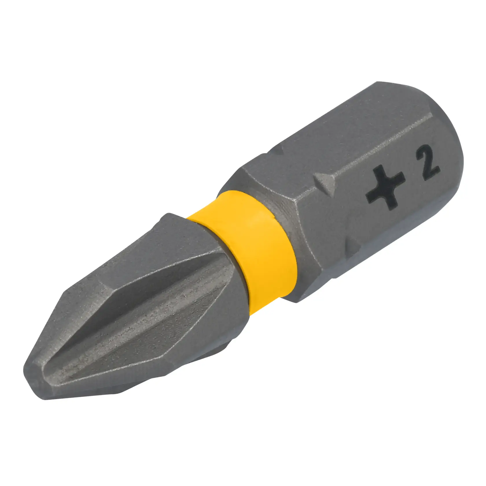 Imagem em close de uma ponta de chave Philips DEWALT com um anel amarelo e a marca '+2' gravada na lateral.