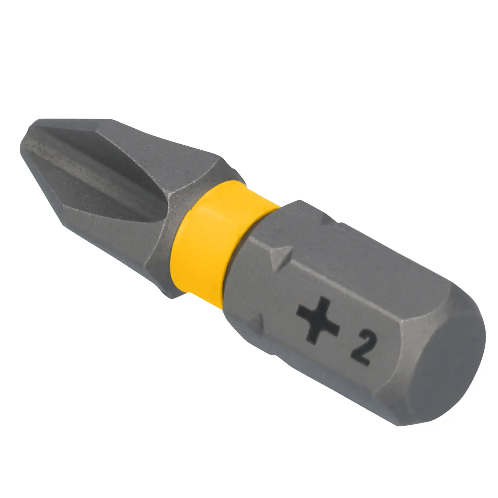 Imagem de perto de uma ponta de chave Phillips #2 da DEWALT, com uma faixa amarela e um símbolo de cruz acompanhado do número 2 na lateral.