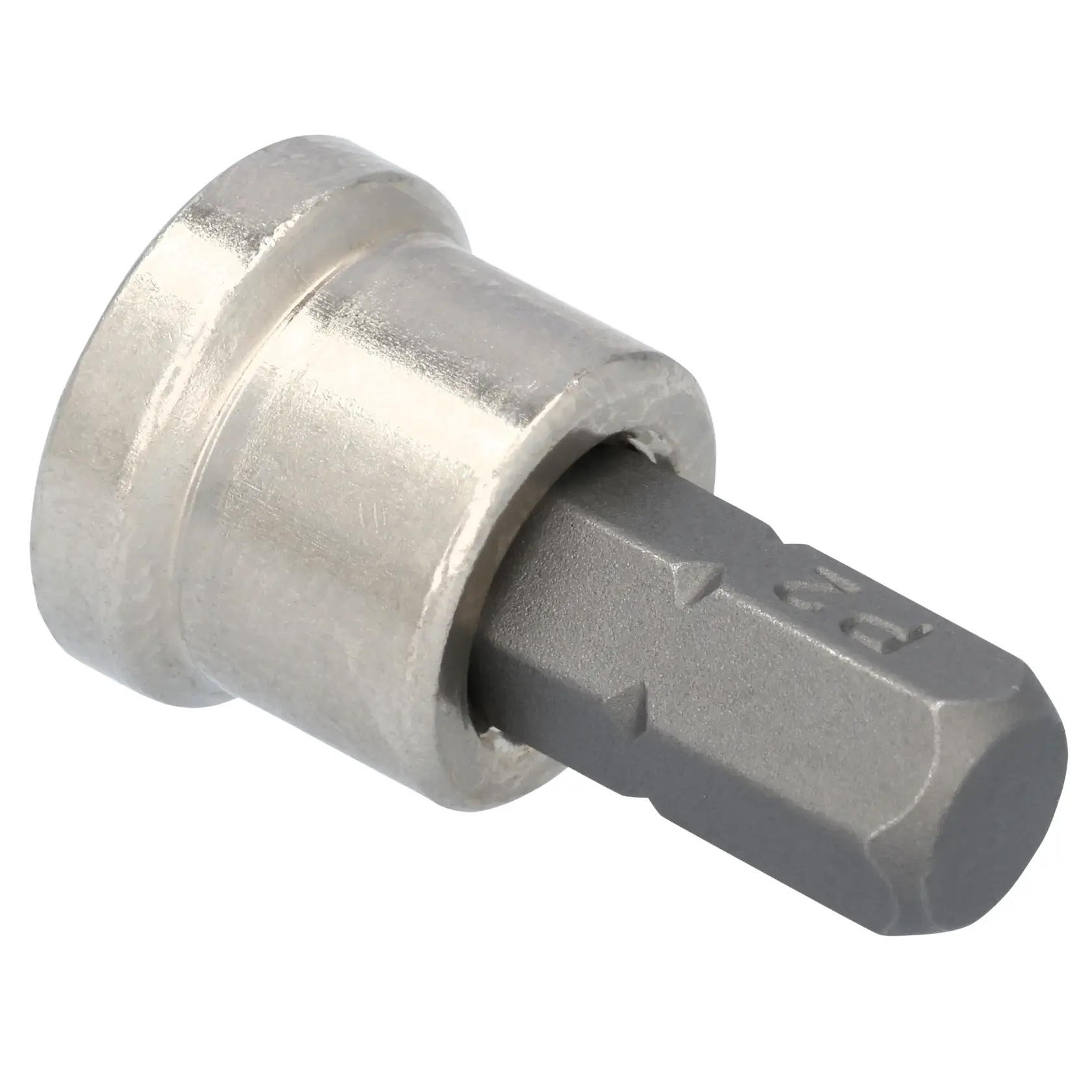 Imagem em close de uma ponta de chave de fenda DEWALT com base metálica e cabeça hexagonal, usada para apertar parafusos.